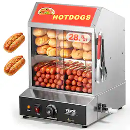 VEVOR - Hot Dog Steamer, 28.5QT, 2-Tier Hot Dog Hut Steamer, 86℉~185℉ Temperature Control, Electric Bun Warmer with Tempered - Silver