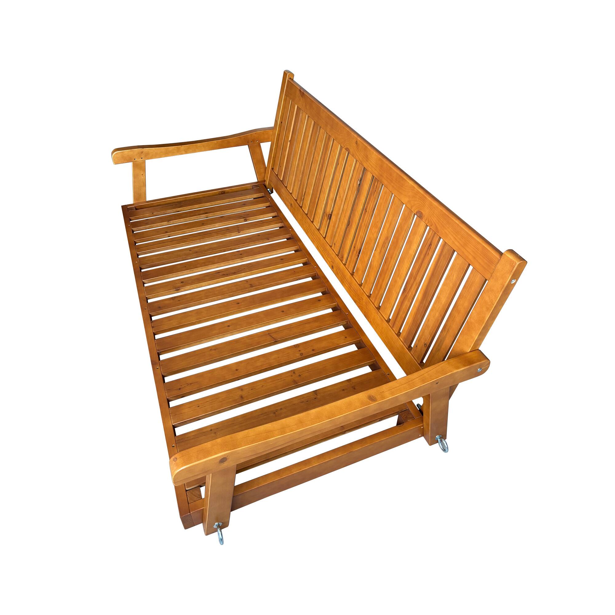Back. Fortune Candy - 6FT Wooden Porch Swing Bed with Cushion, Solid Fir Frame, Weather-Resistant Outdoor Hanging Daybed, Heavy-Duty 1000LBS - Teak Tone.