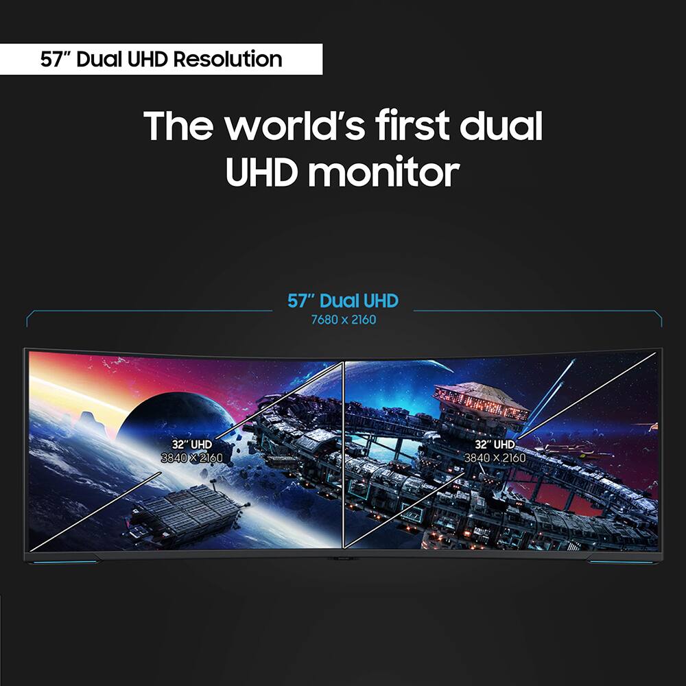 57" Dual UHD Resolution

The world's first dual UHD monitor

57" Dual UHD  
7680 x 2160

32" UHD  
3840 x 2160

32" UHD  
3840 x 2160