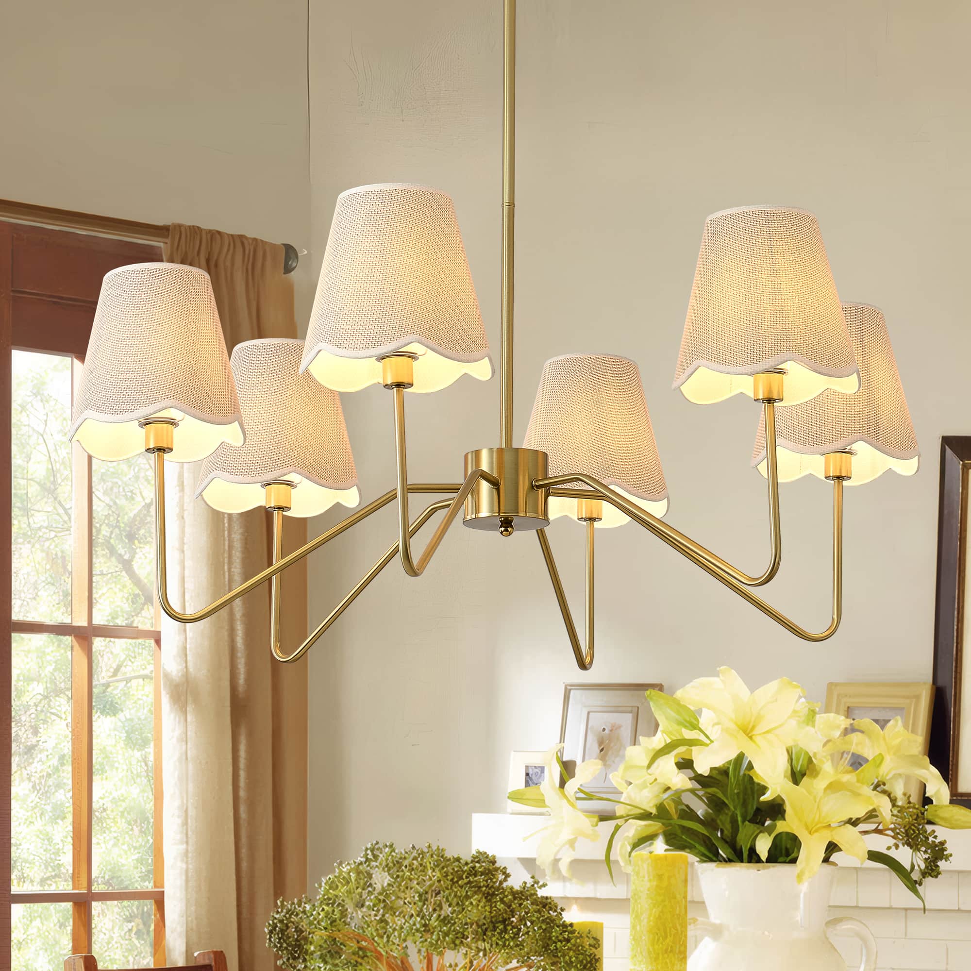 RYHNUYNE - 6-Light Boho Chandelier with Fabric Shades 40 Inch Large Brass Pendant Light for Dining Room Kitchen Island Dimmable