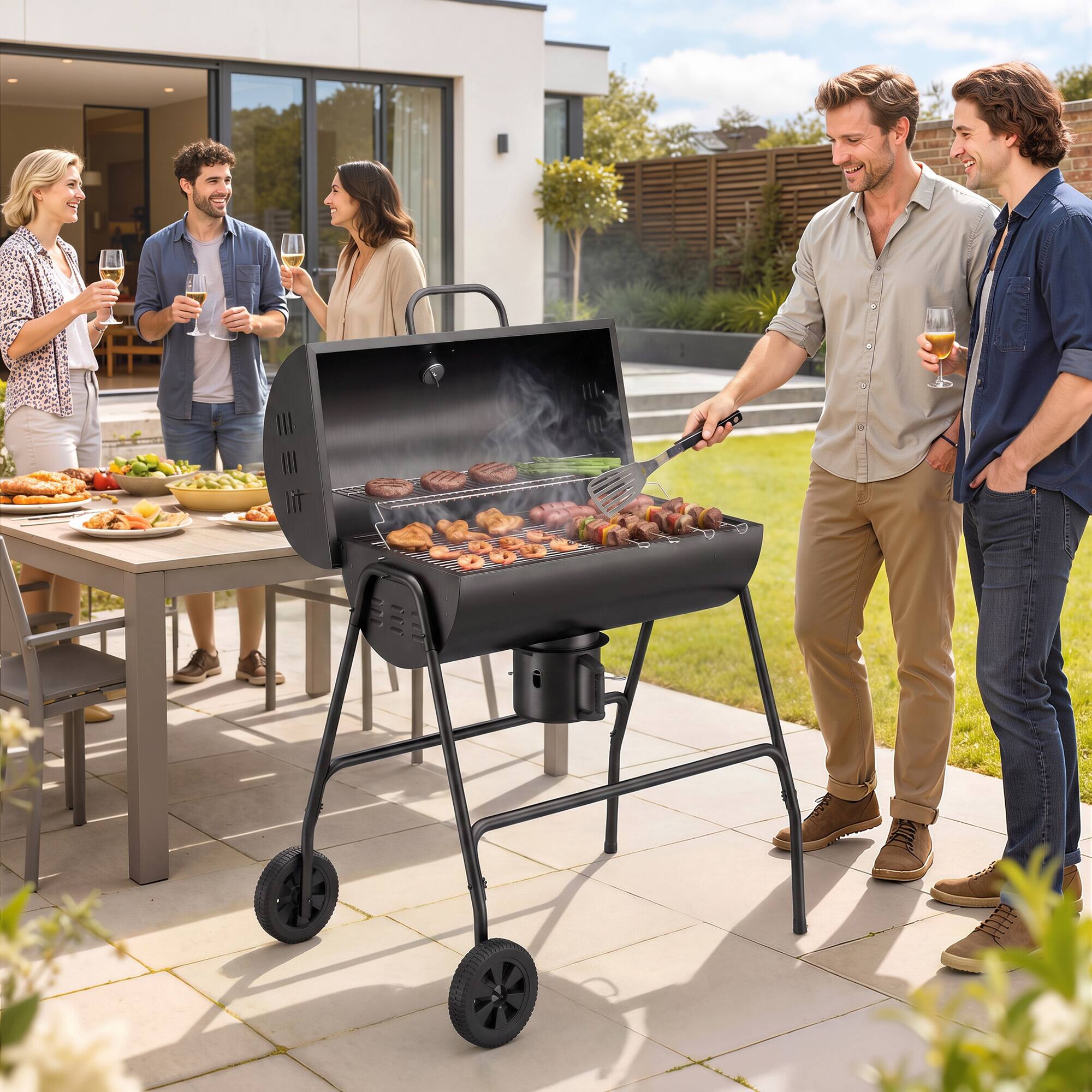 Alt View 1. Outsunny - Barrel Charcoal BBQ Grill, Barbecue with 420 sq.in. Cooking Area, Wheels - Black.
