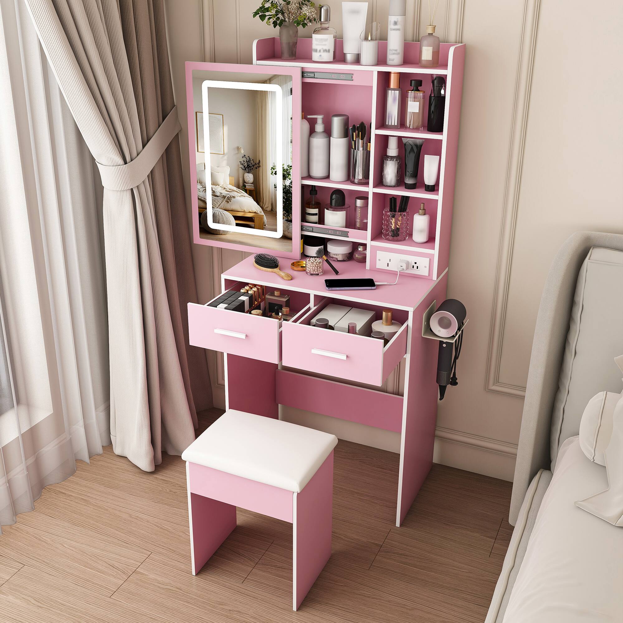 Left. Z-Edge - Makeup Vanity Desk with Mirror, LED Lights, Vanity Table with 2 Drawers, Padded Stool, Shelf, Dressing Table for Bedroom - Pink.