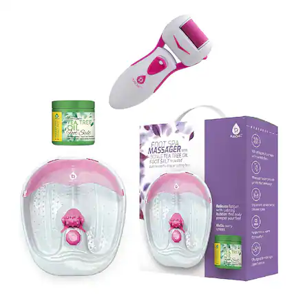 PURSONIC T.E.Nve PTE - NATUR N TEA TREE 9u fnot Salt 3 - i FOOT SPA MASSAGER With BONUS TEA TREE OIL FOOT SALT Included Built 30 soethe sreco er oching fees P STATORES AURIONC 98 VEC YA roting pecic 10 wn peotfe Res P MosiCIE o pepid g de bst mosage Relieves ferigue. with colming bubbles that truly pomper your feet Melts oy stress Engamunit TEE beig pre_ur SaK heaps e CT TEA TRE QIL Salt Chungeuer mozge tos:
- Vibrating foot spa with bubbles
- Massager for gentle foot massage
- Fragrance helps prevent odour
- Relieves fatigue with calming bubbles that truly pamper your feet
- Melts away stress
- Adjustable water warm for comfort
- Thigh and calf massage
- Includes tea tree oil foot salt