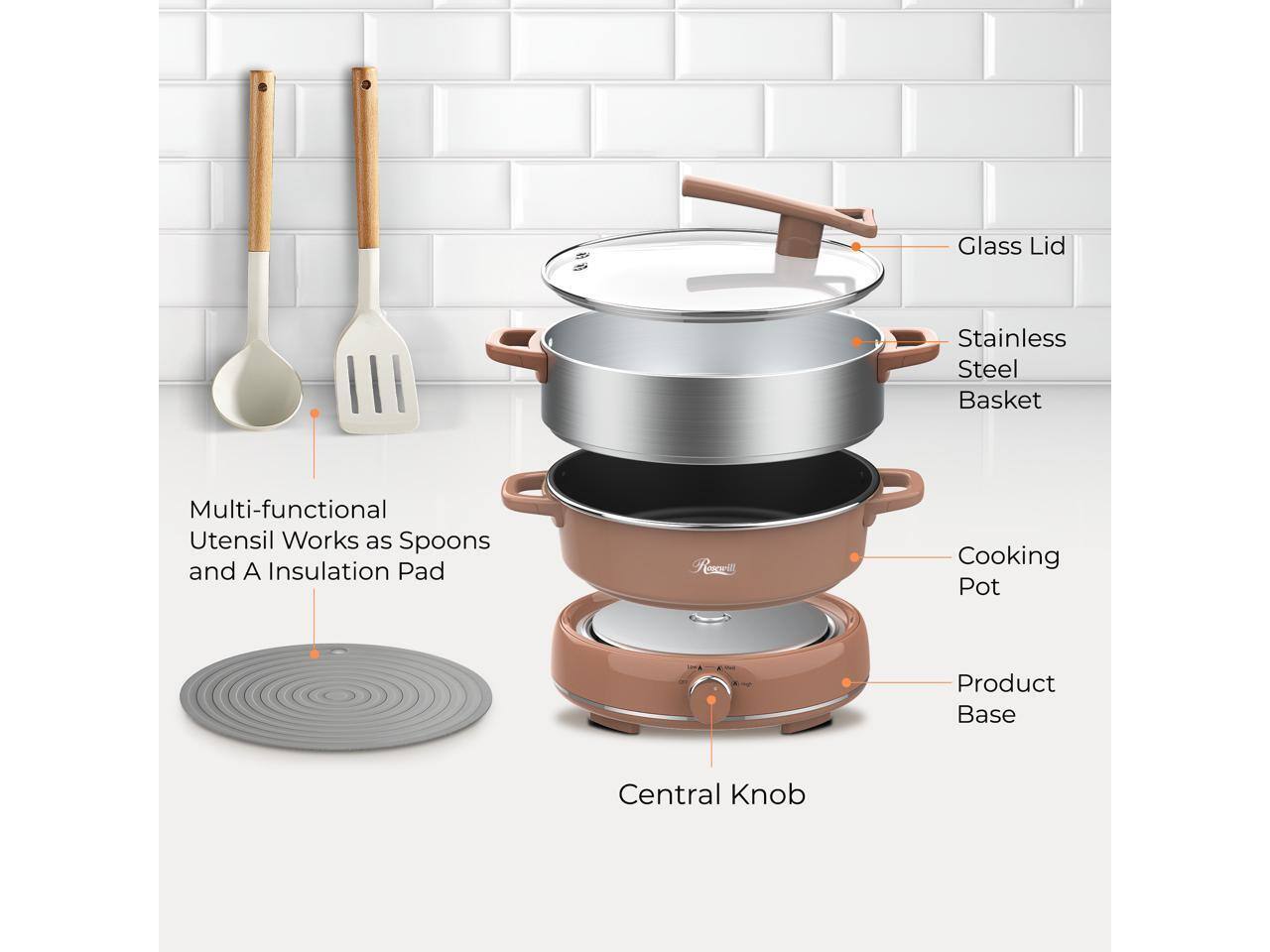 Glass Lid  
Stainless Steel Basket  
Multi-functional Utensil Works as Spoons and A Insulation Pad  
Cooking Pot  
Product Base  
Central Knob