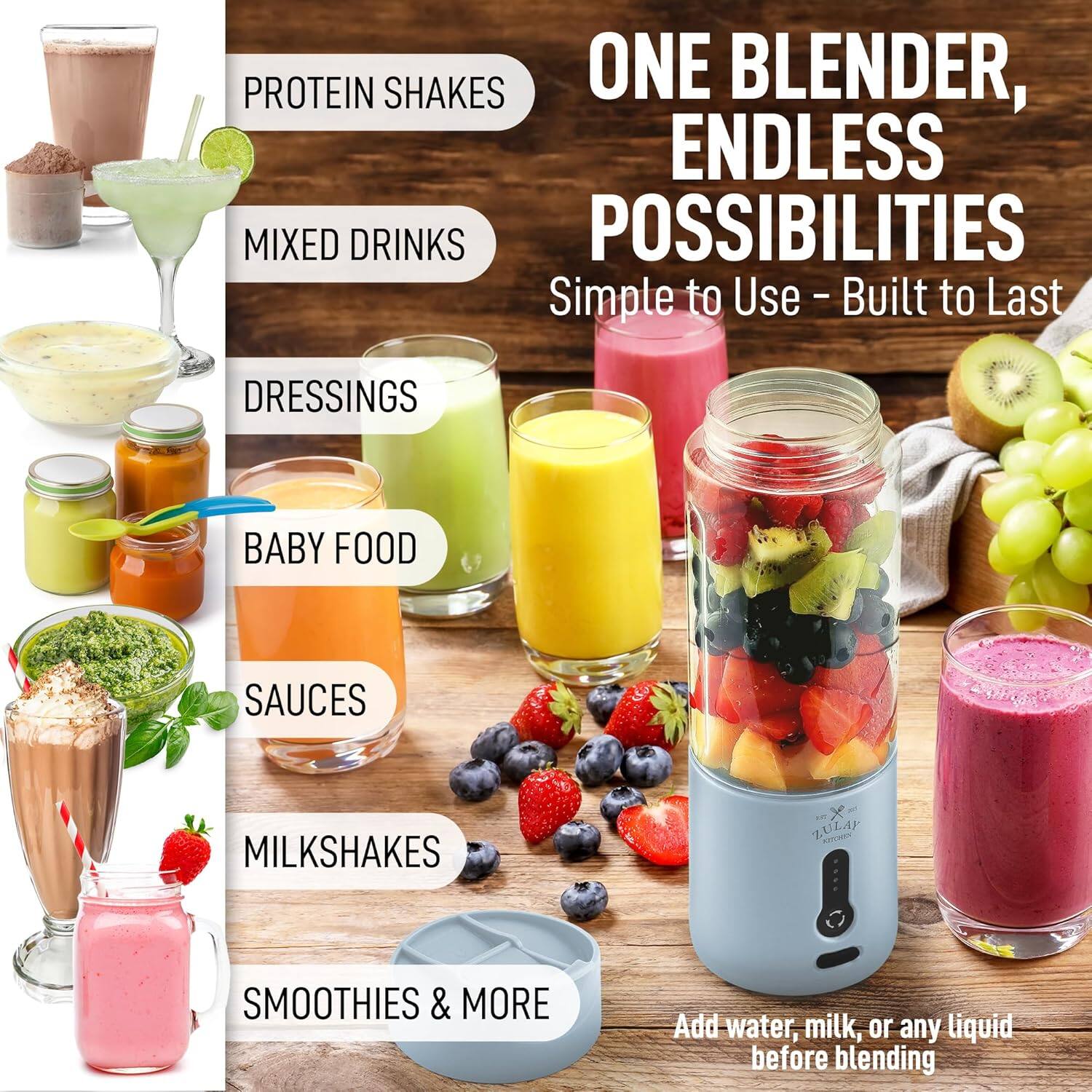 **ONE BLENDER, ENDLESS POSSIBILITIES**

- PROTEIN SHAKES
- MIXED DRINKS
- DRESSINGS
- BABY FOOD
- SAUCES
- MILKSHAKES
- SMOOTHIES & MORE

**Simple to Use - Built to Last**

Add water, milk, or any liquid before blending