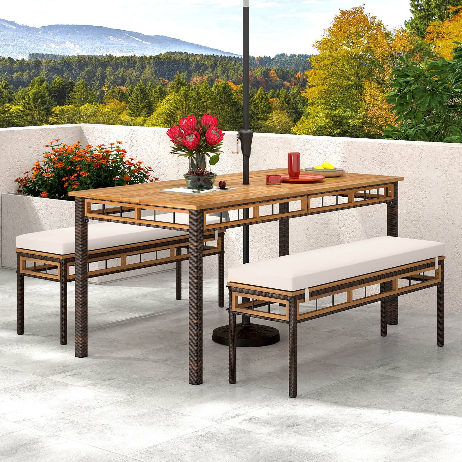 Alt View 4. Costway - Costway 3 PCS Acacia Wood Patio Dining Set with 1.97" Umbrella Hole & Cushions for Garden - Mix Brown.