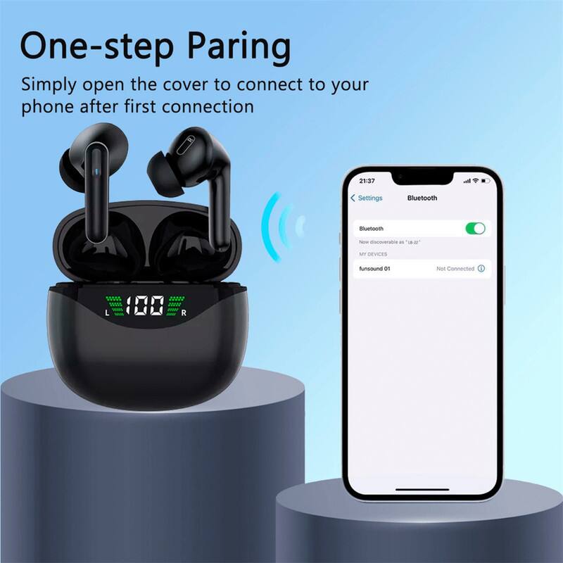 One-step Pairing  
Simply open the cover to connect to your phone after first connection  

21:37  
Settings  
Bluetooth  
Bluetooth  
Now discoverable as "funsound 01"  
MY DEVICES  
funsound 01  
Not Connected  

100  
L  
R