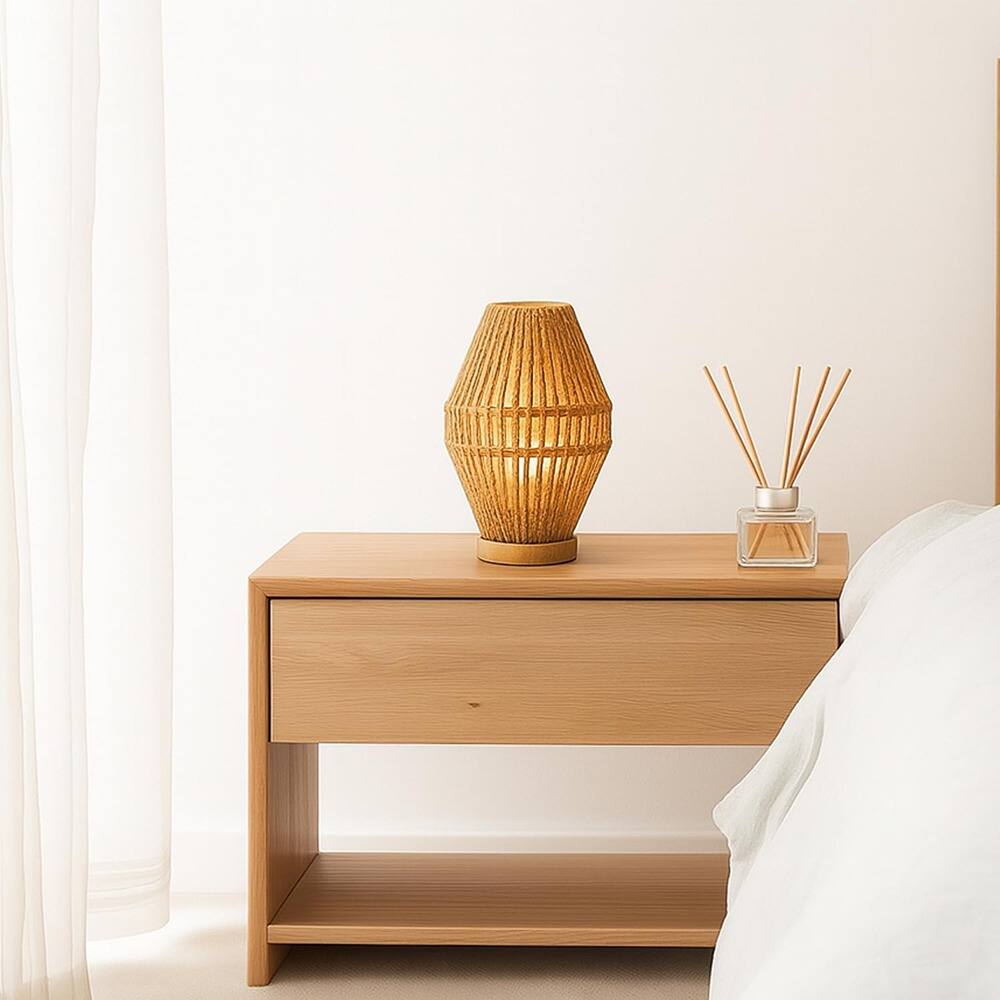 Angle. PARKER SLATER - Small Table Lamp, Natural Woven Basket, Paper String Shade.
