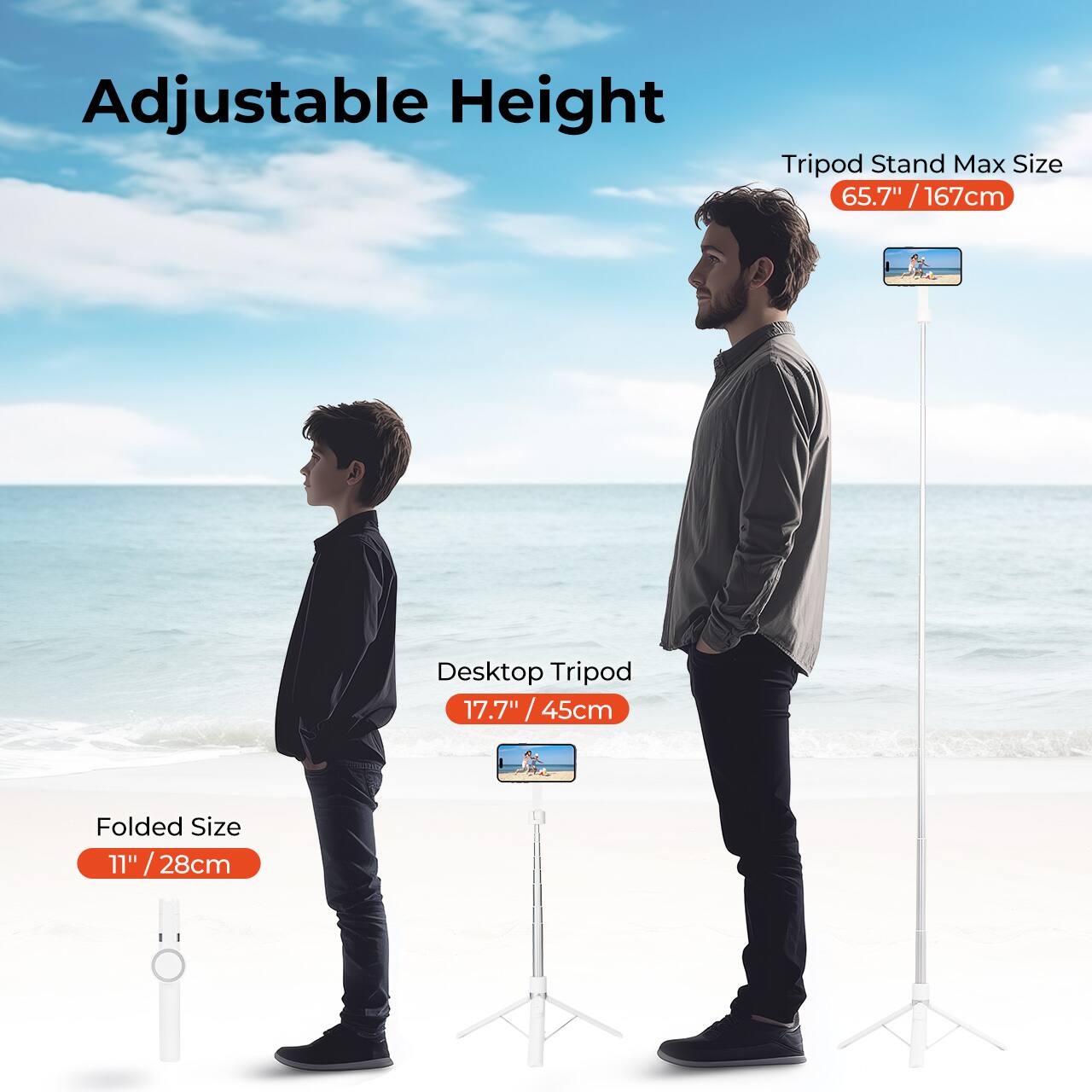 Adjustable Height Tripod Stand  
Max Size: 65.7" / 167cm  
Desktop Tripod: 17.7" / 45cm  
Folded Size: 11" / 28cm