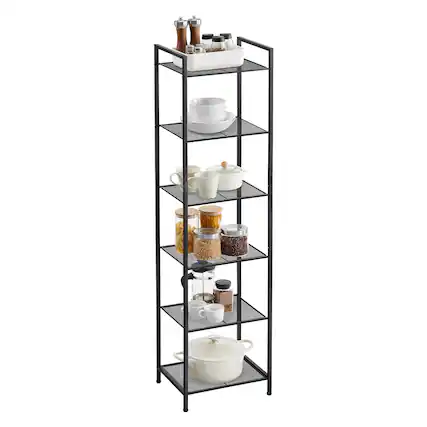 Front. Songmics Home - 6-Tier Storage Rack, Bathroom Shelf, Extendable Plant Stand with Adjustable Shelf - Classic Black.