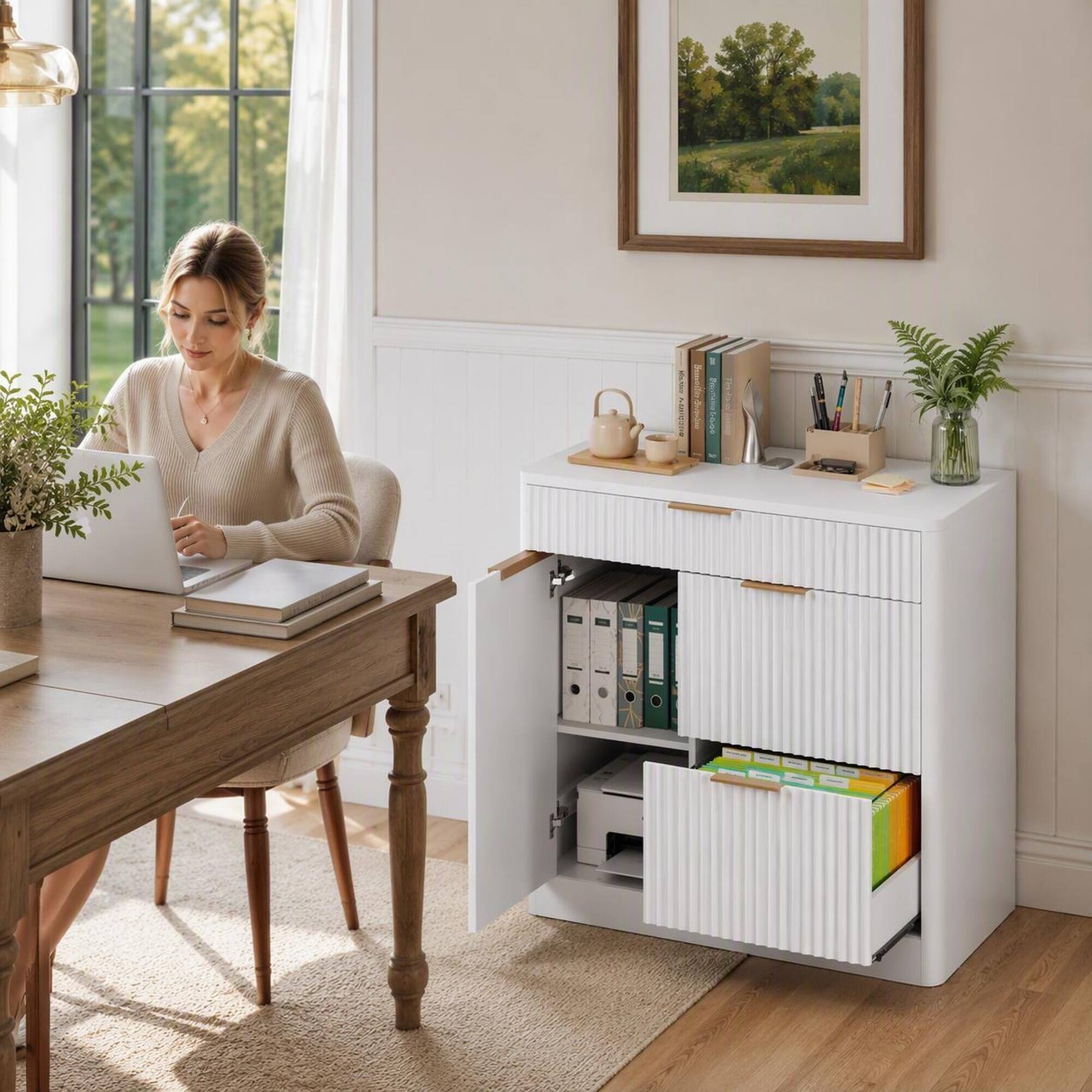 Back. RYHNUYNE - Freestanding File Cabinet with Charging Station, Large Drawers & Cabinet Doors, Particle Board Office Storage Cabinet.