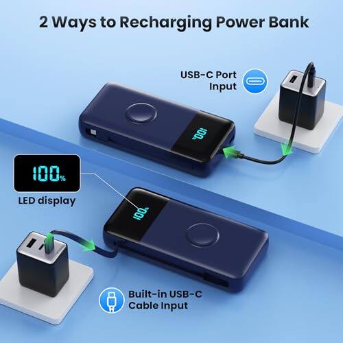 2 Ways to Recharging Power Bank

USB-C Port Input

100% LED display

Built-in USB-C Cable Input