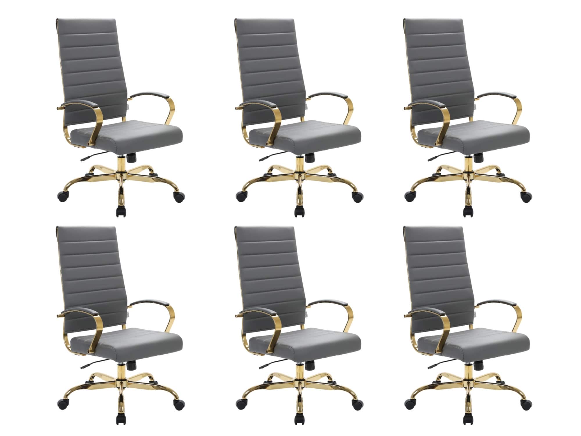 LeisureMod - Set of 6 Benmar Modern High-Back Leather Conference Office Chair with Gold Steel Frame, Swivel, and Tilt - Gray