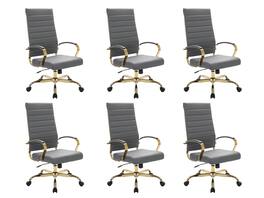 LeisureMod - Set of 6 Benmar Modern High-Back Leather Conference Office Chair with Gold Steel Frame, Swivel, and Tilt - Gray