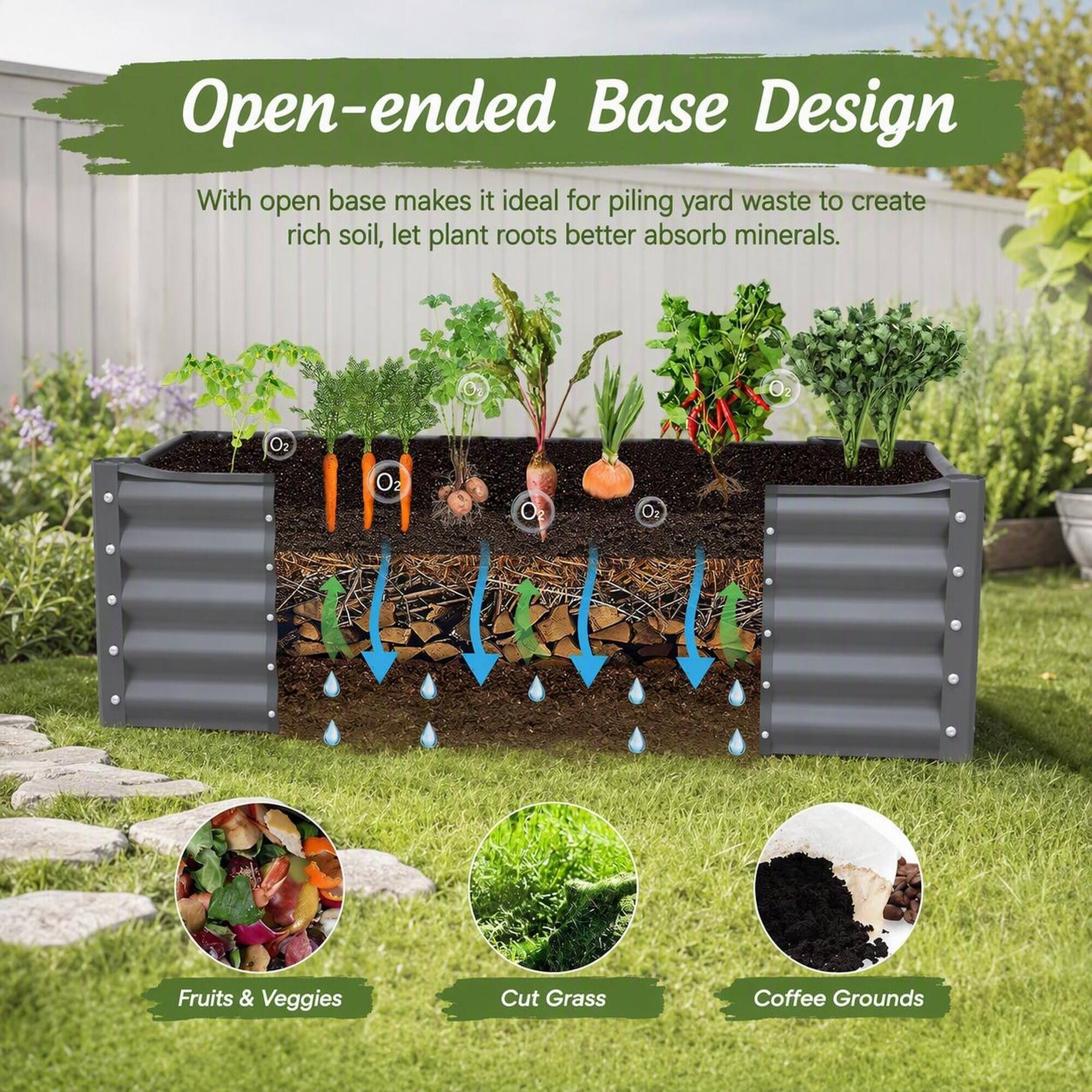 Open-ended Base Design

With open base makes it ideal for piling yard waste to create rich soil, let plant roots better absorb minerals.

O2

Fruits & Veggies

Cut Grass

Coffee Grounds