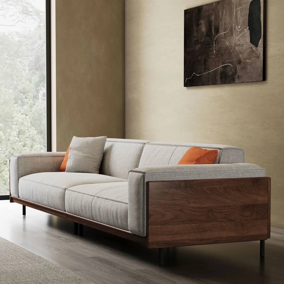 Alt View 1. luck idea - 111.81" Mid-Century 4-Seater Sofa, Linen Fabric Couch with Walnut Wood Arm Panels & 3 Throw Pillows for Living Room - Gray.