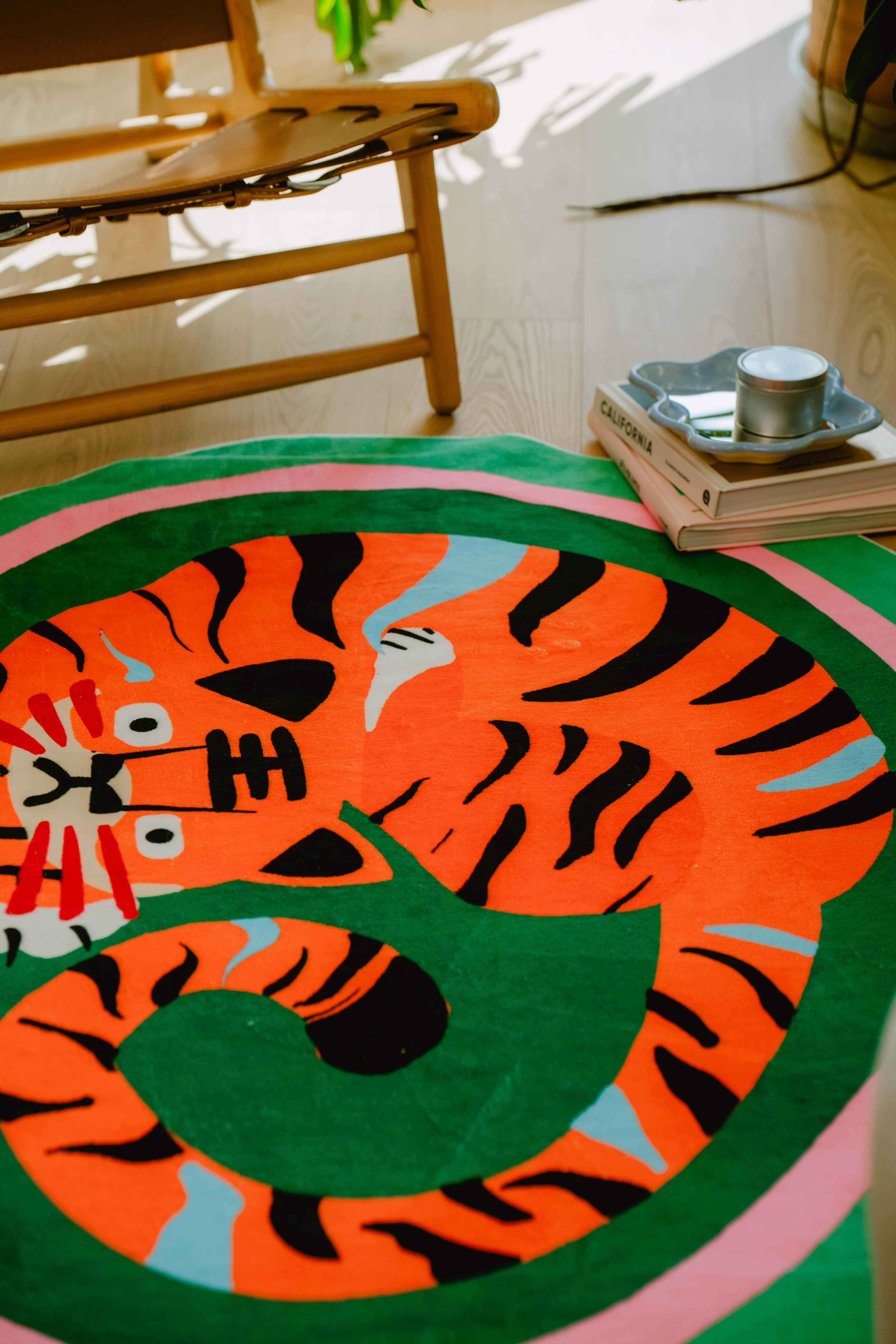 Back. Lanyspace - 3'x5' Area Rug, Washable Rugs, Non-Slip and Tear-Resistant Soft Carpet, Green Base Oval Tiger Area Rug for Home Decor - Multicolor.