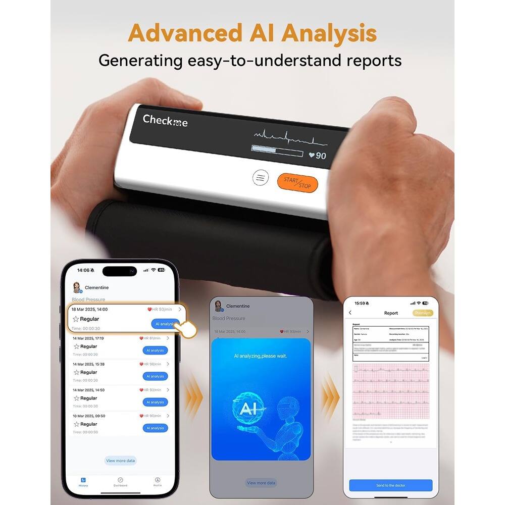 Advanced AI Analysis  
Generating easy-to-understand reports  

Checkme  
START/STOP  

Clementine  
Blood Pressure  
18 Mar 2021 14:00  
Regular  
Time 00:00:30  
HR 93/min  

Clementine  
Blood Pressure  
18 Mar 2021 14:00  
Regular  
Time 00:00:30  
HR 93/min  

Clementine  
Blood Pressure  
18 Mar 2021 14:00  
Regular  
Time 00:00:30  
HR 93/min  

Clementine  
Blood Pressure  
18 Mar 2021 14:00  
Regular  
Time 00:00:30  
HR 93/min  

Clementine  
Blood Pressure  
18 Mar 2021 14:00  
Regular  
Time 00:00:30  
HR 93/min  

Clementine  
Blood Pressure  
18 Mar 2021 14:00  
Regular  
Time 00:00:3