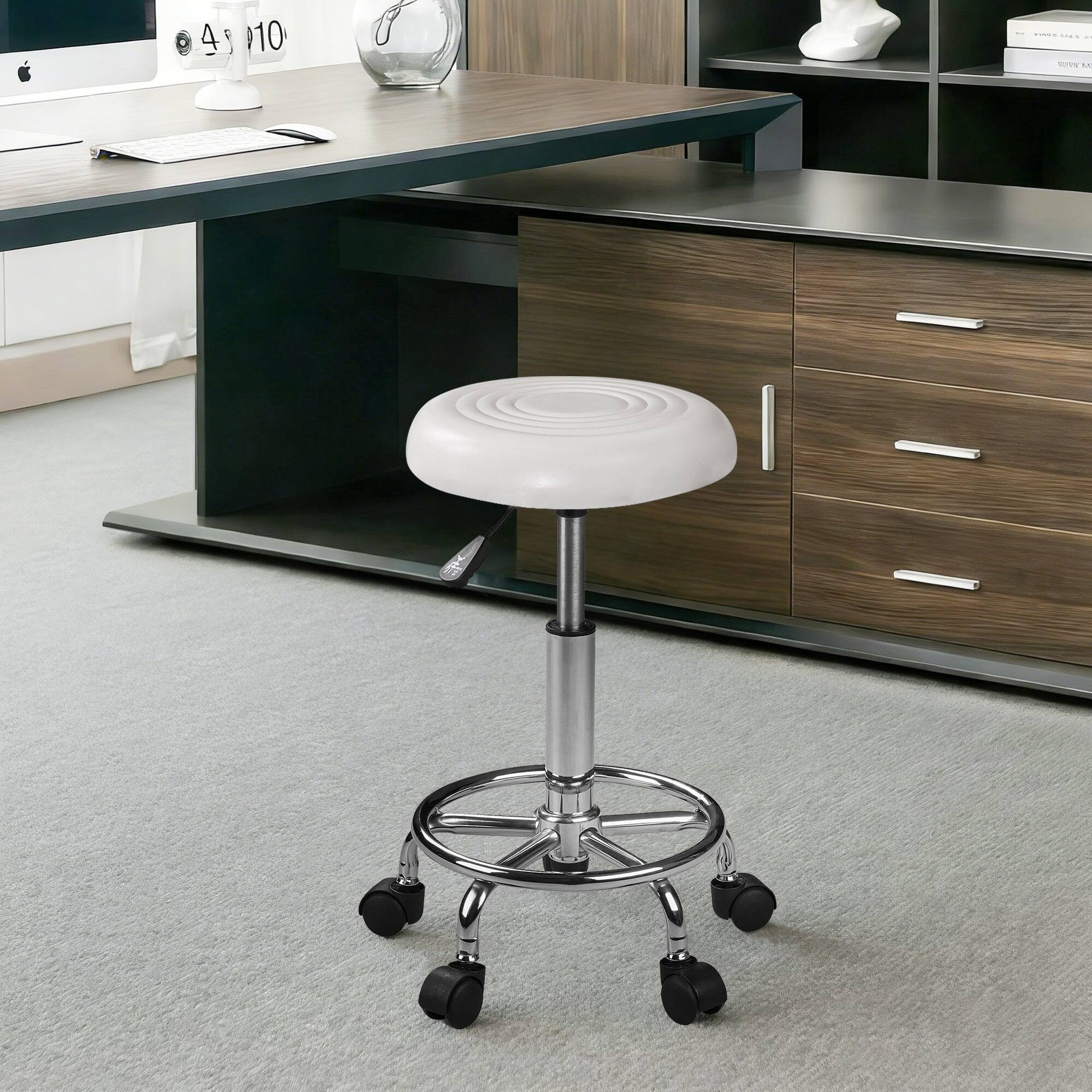 Alt View 8. Vecelo - Round Rolling Stool Chair PU Leather Height Adjustable Swivel Drafting Work SPA Shop Medical Salon Stools with Wheels - White.