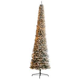 BreeBe - 11’ Flocked Pencil Artificial Christmas Tree with 850 Lights - Multicolor