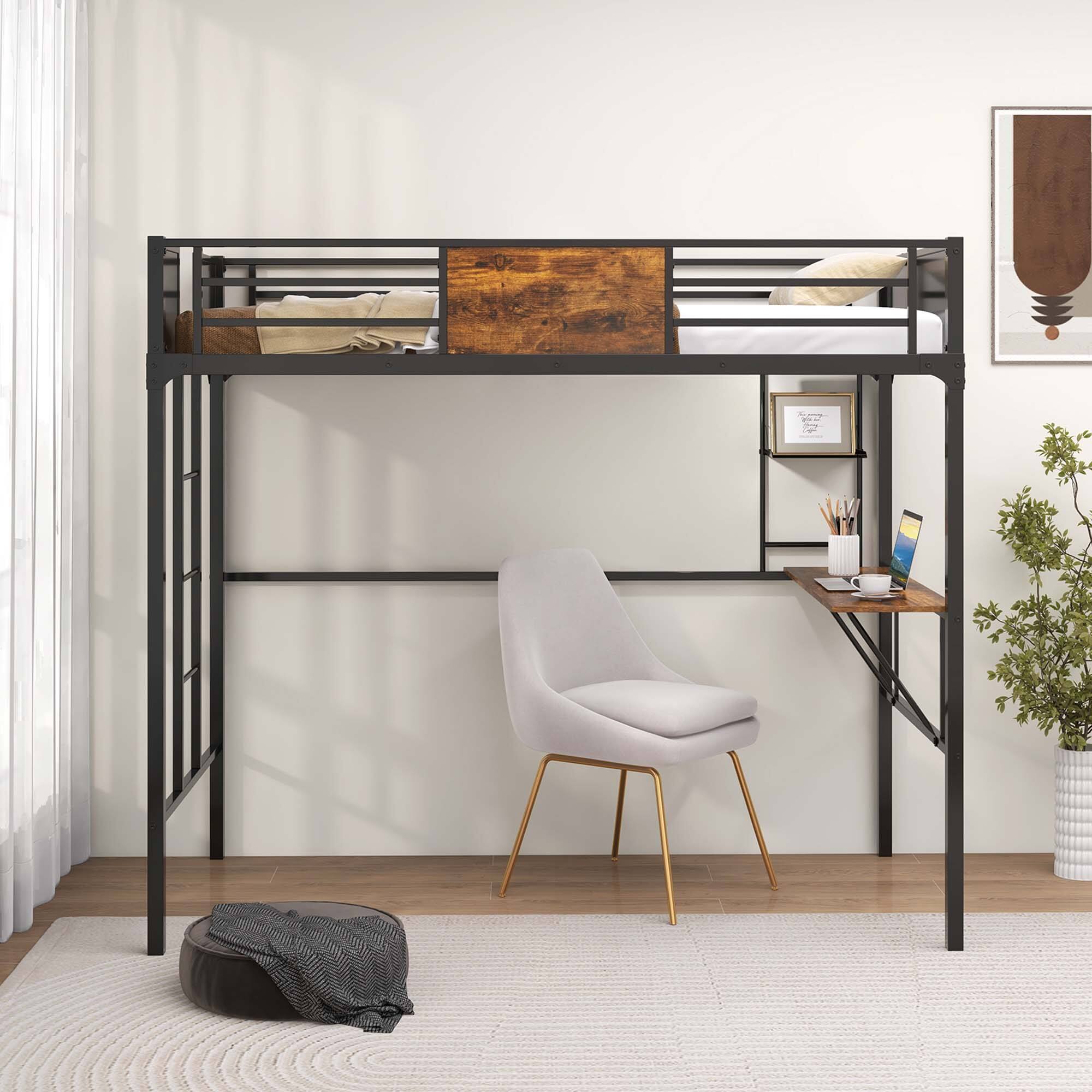 Alt View 5. Costway - Costway Twin Size Loft Bed with Desk & Shelf Safety Guardrail & Ladder Space-Saving - Rustic Brown,Black.