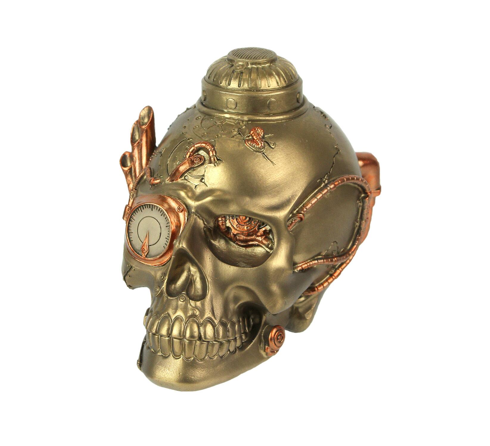 Front. Zeckos - Antique Bronze Finish Retro-Futuristic Steampunk Human Skull Tabletop Statue - Bronze.