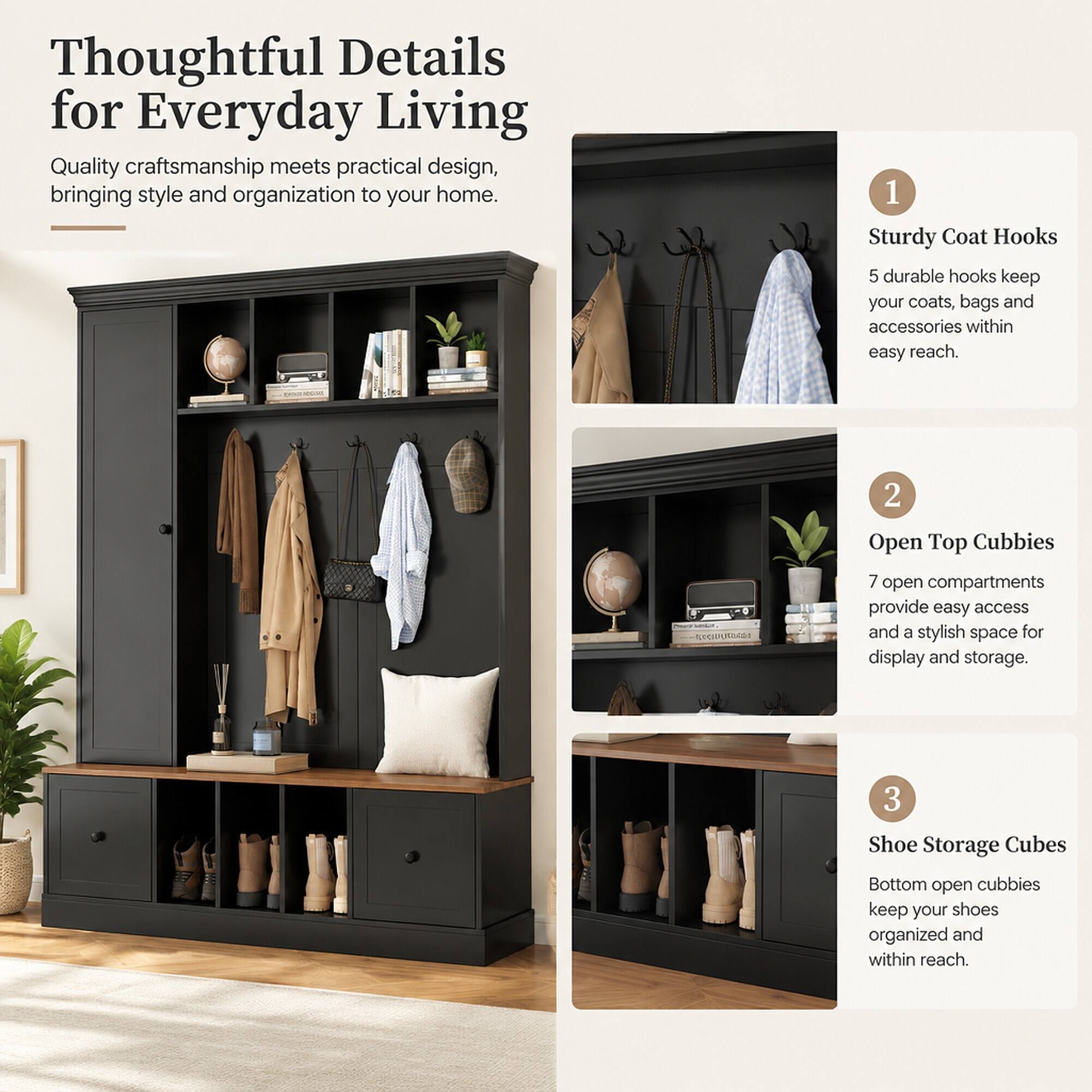 RYHNUYNE VIBE HAUS 62.2 in Farmhouse Hall Tree, Coat Rack and Shoe ...
