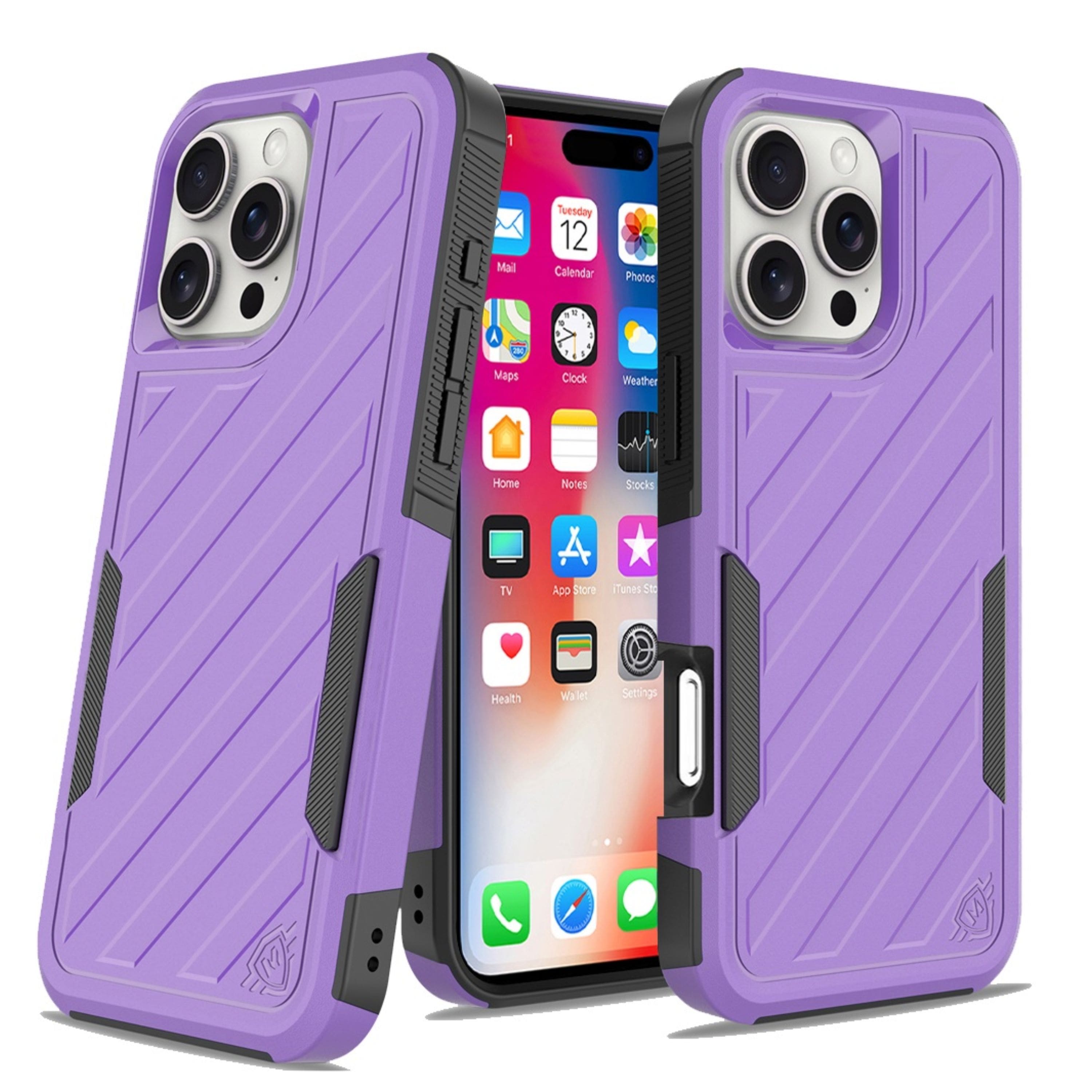 Kitcheniva - Shockproof Dual Layer Lined Phone Case With Tempered Glass For iPhone 16 Pro Dark Purple Black - Dark Purple/Black