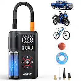 NEXPOW - Car Tire Inflator Portable Air Compressor 150 PSI 5000 milliamp hour Cordless Pump Dual Screen Auto Shut Off - Black