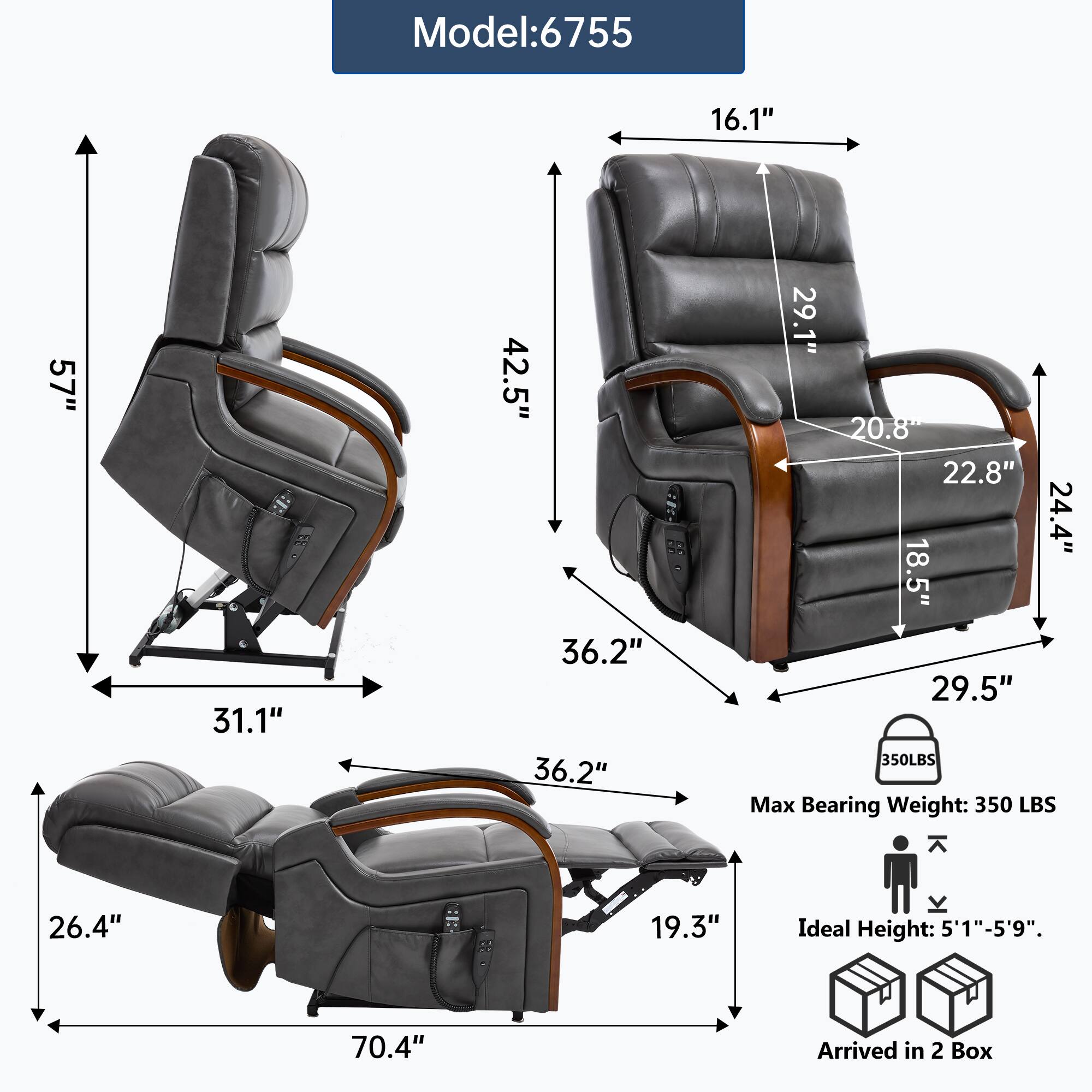Model: 6755

- Height: 57"
- Width: 31.1"
- Depth: 36.2"
- Seat Height: 20.8"
- Armrest Height: 22.8"
- Backrest Height: 29.1"
- Seat Depth: 29.5"
- Overall Length: 70.4"
- Overall Width: 36.2"
- Overall Depth: 29.5"
- Max Bearing Weight: 350 LBS
- Ideal Height: 5'1" - 5'9"
- Arrived in 2 Box

Dimensions:
- Height: 57"
- Width: 31.1"
- Depth: 36.2"
- Seat Height: 20.8"
- Armrest Height: 22.8"
- Backrest Height: 29.1"
- Seat Depth: 29.5"
- Overall Length: 70.4"
- Overall Width: 36.2"
- Overall Depth: 29.5"

Max Bearing Weight: 350 LBS

Ideal Height: 5'