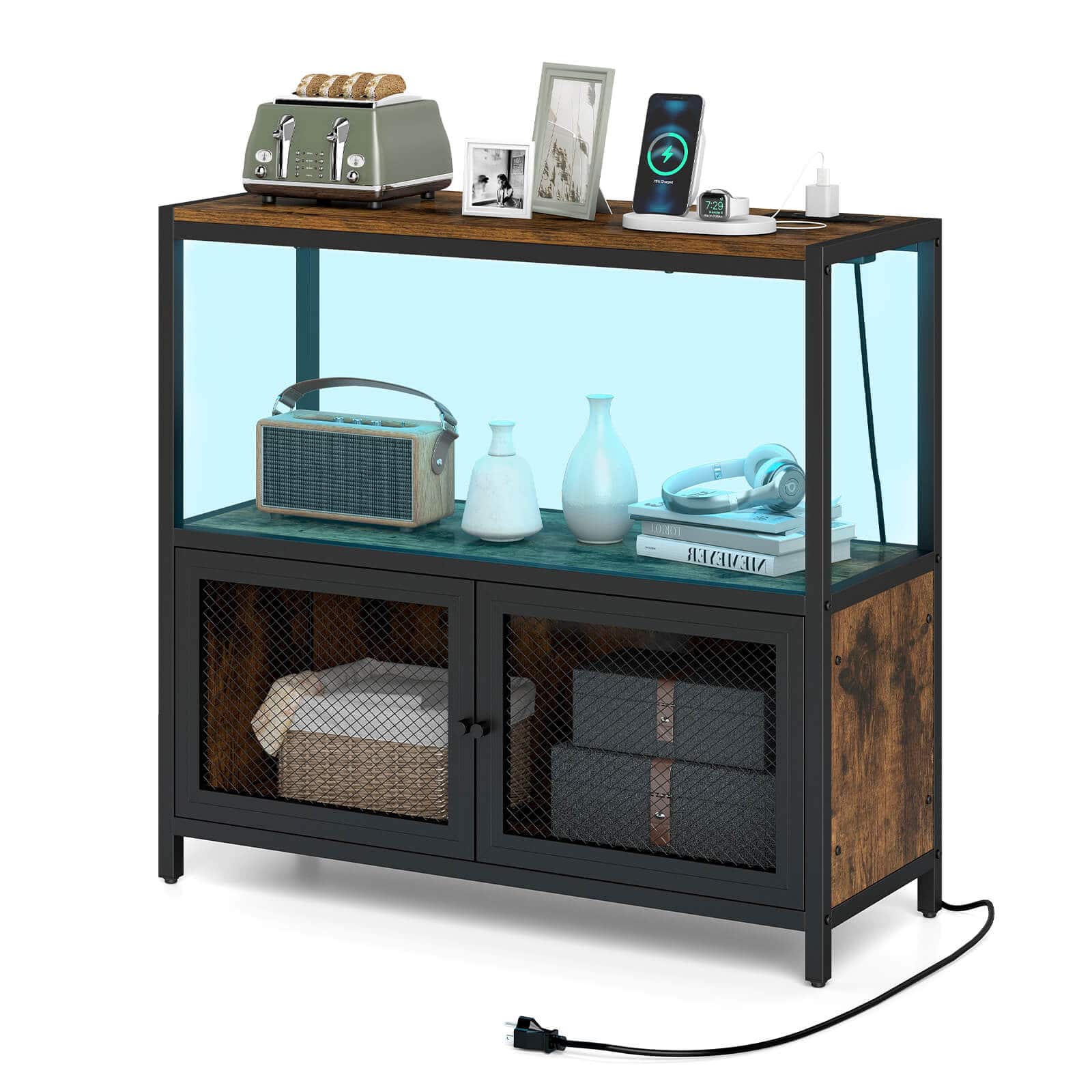 Costway - Coffee Bar Cabinet with LED Lights, Industrial Buffet Sideboard with Charging Station - Rustic Brown,Black