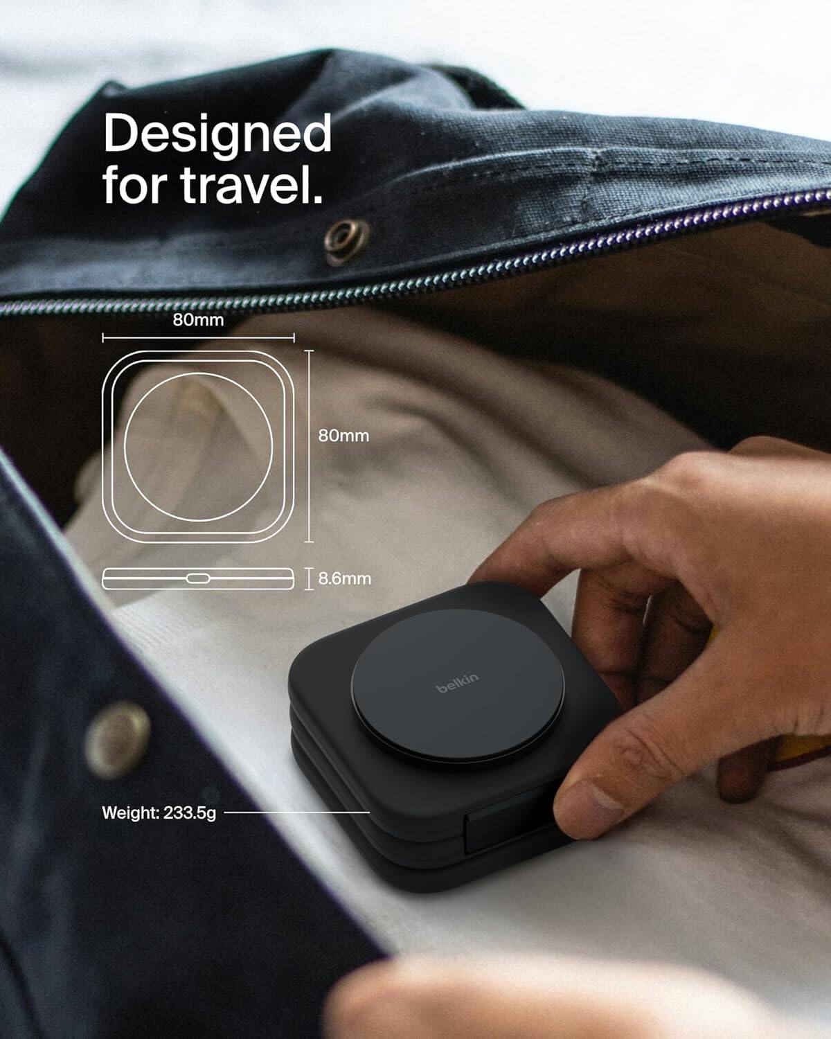 Designed for travel.  
80mm x 80mm x 8.6mm  
Weight: 233.5g