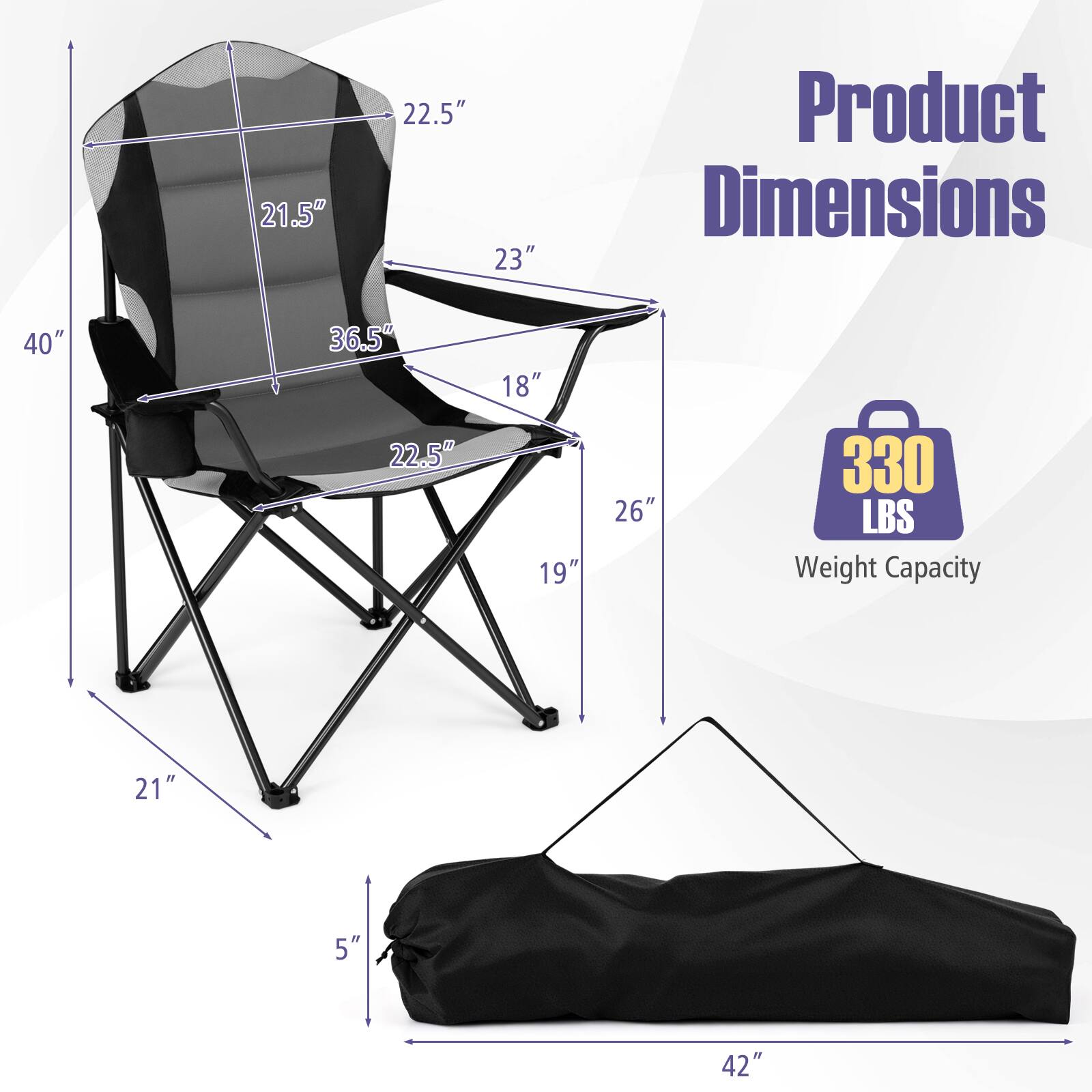 21.5"  
22.5" 23"  
Product Dimensions  
40"  
36.5" 22.5"  
18" 19"  
26"  
330 LBS Weight Capacity  
21"  
5"  
IV 42"