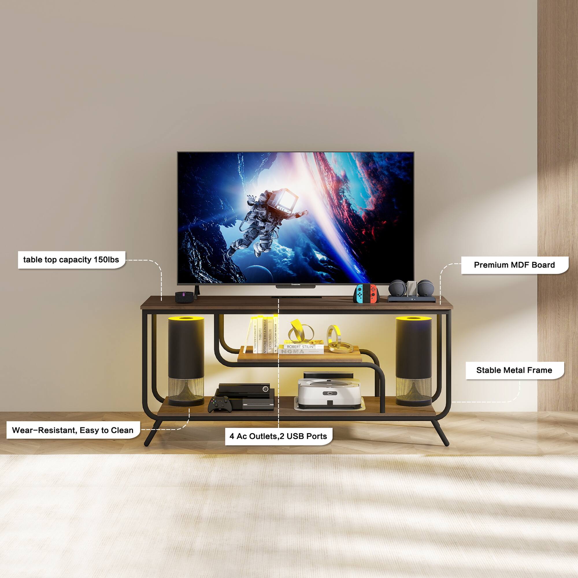 table top capacity 150lbs  
Premium MDF Board  
Stable Metal Frame  
Wear-Resistant, Easy to Clean  
4 Ac Outlets, 2 USB Ports