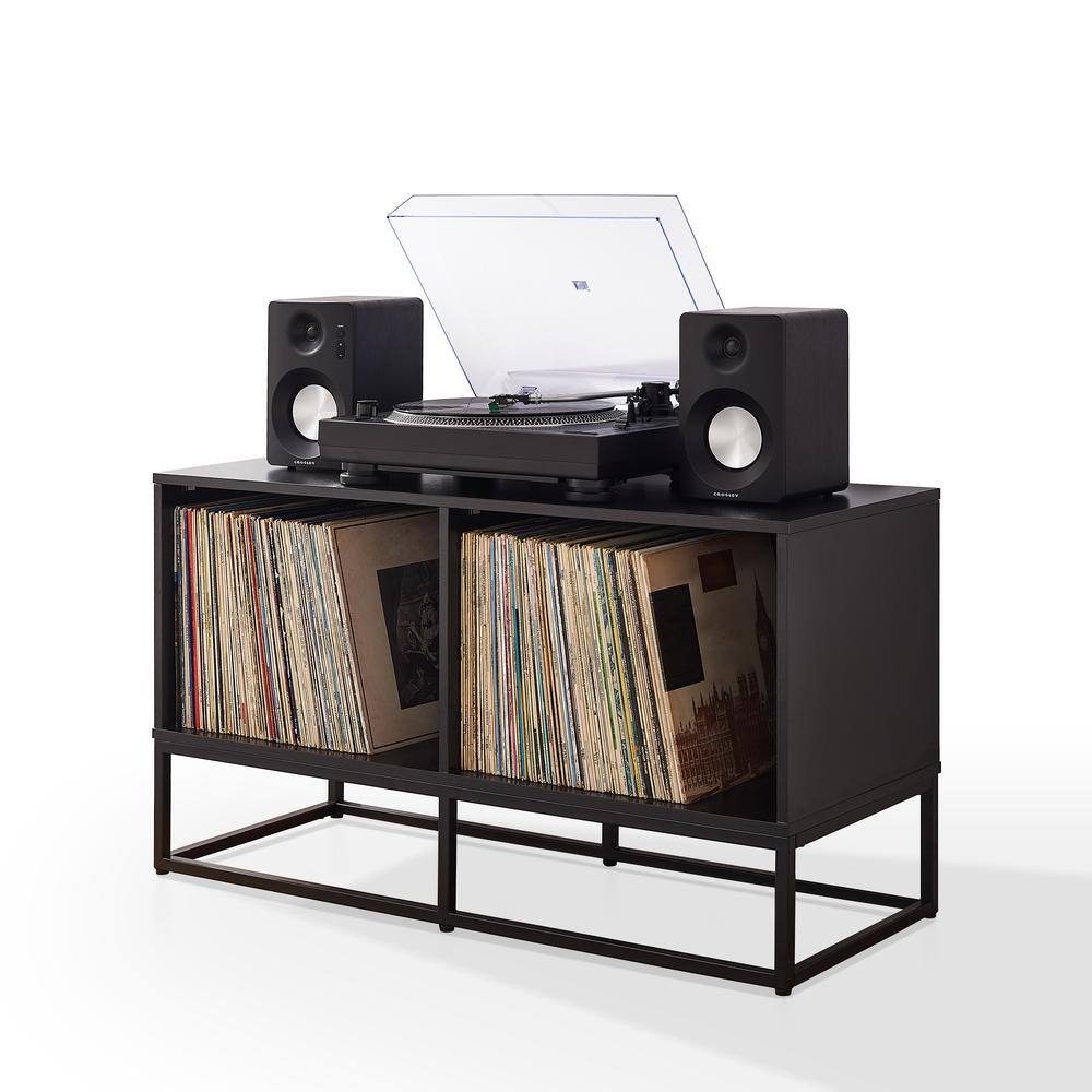Left. Crosley Furniture - Enzo Medium Record Player Stand With Vinyl Storage - Black.