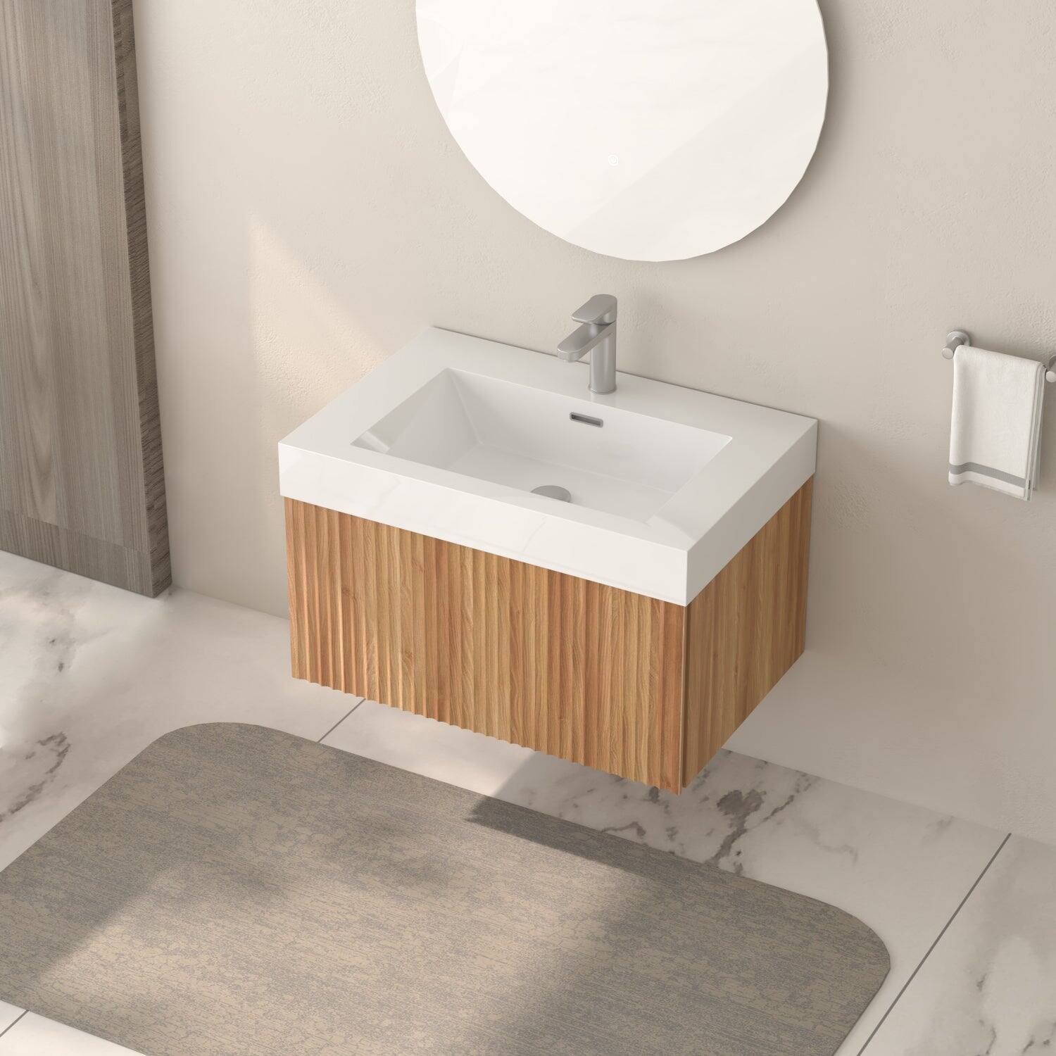 Alt View 8. Boyel Living - 30 in Wall-Mounted Bathroom Vanity with Integrated Basin Plywood Cabinet Modern Minimalist Floating Design Acacia Finish - Acacia.