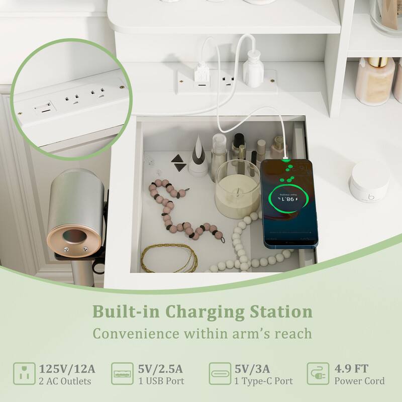 98.1
Built-in Charging Station Convenience within arm's reach
125V/12A 2 AC Outlets
5V/2.5A 1 USB Port
5V/3A 1 Type-C Port
4.9 FT Power Cord