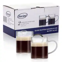 Bacimi - Clear Demitasse Mini Espresso Coffee Cups with White/Smoke Handles - Set of 2 / 3oz / 90 ML - Borosilicate Glass Cups - Clear/Smoke/White