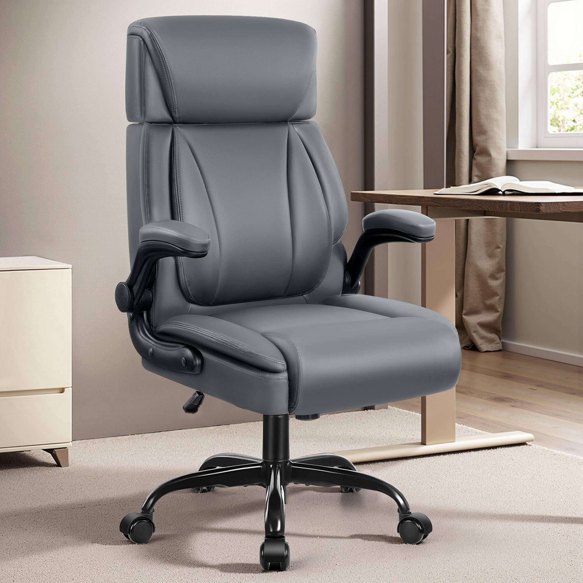 Alt View 1. Brick Attic - Big and Tall Executive Office Chair with Adjustable Headrest,Ergonomic Computer Leather Chair with Flip-Up Armrests - Grey.