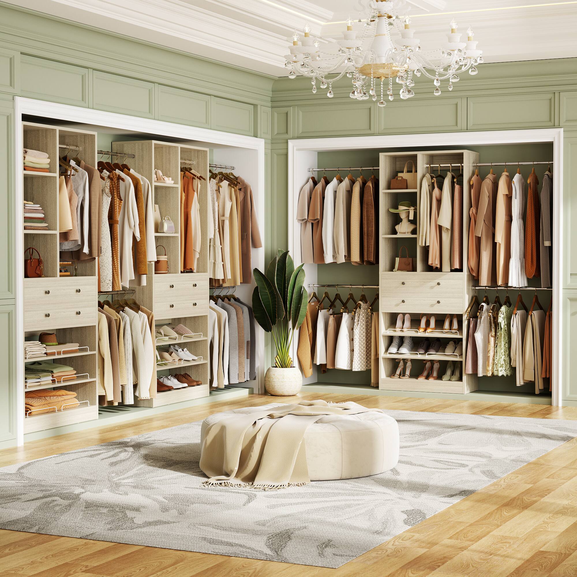 Alt View 4. Aheaplus - 8FT Heavy Duty Closet System with Hanging Rods, Drawers, Shelves, and Shoe Racks, Wardrobe System for Bedroom/Closet - Beige Oak.