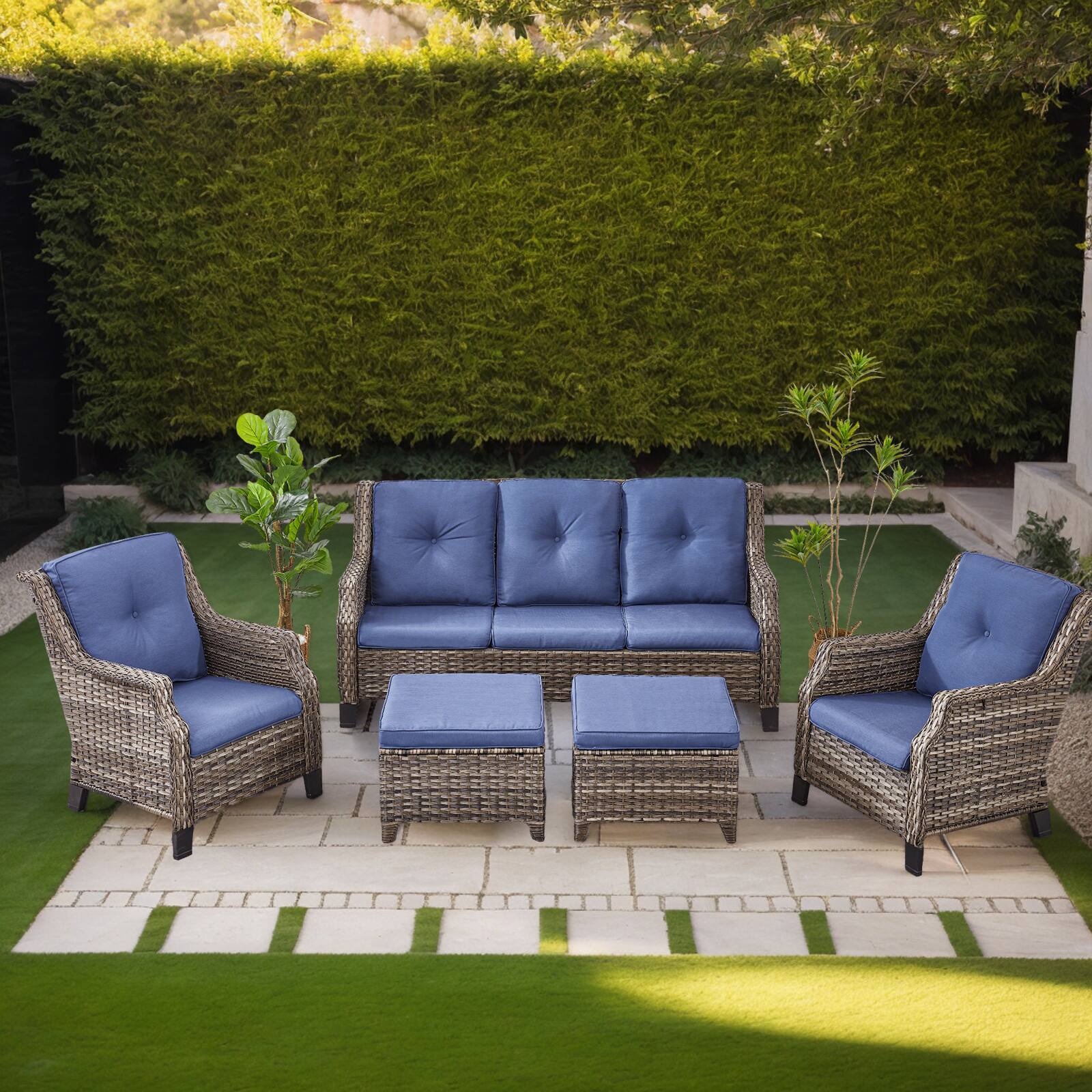 Alt View 2. Bestier - 5-Piece Gray Wicker Outdoor Patio Seating Conversation Set Sectional Sofa with Blue Cushions - Blue.