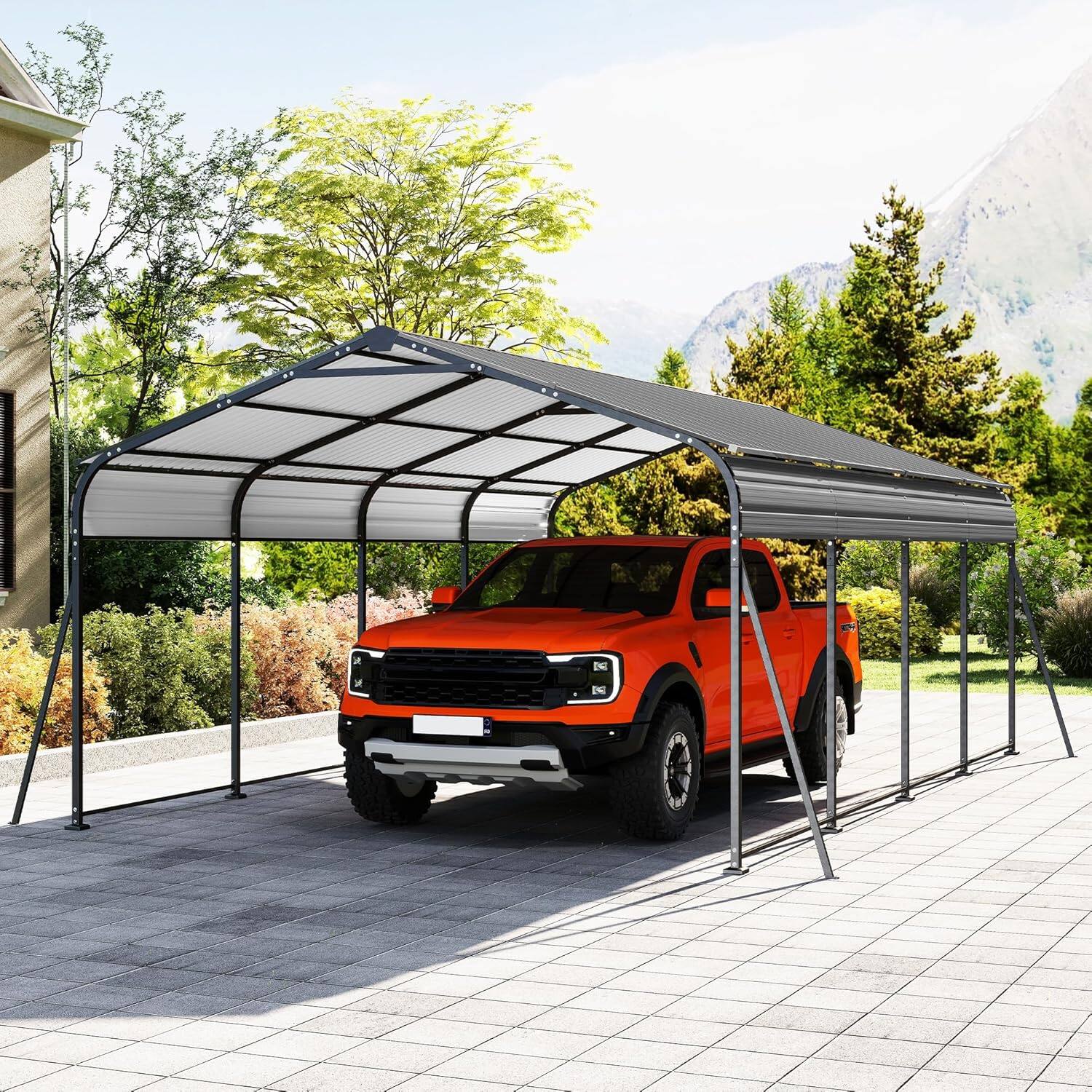 Front. Essen Blissed - 12×20FT Metal Carport, Heavy Duty Car Port, All-Weather Outdoor Storage Trucks, Boats, Cars, Galvanized Steel Roof.