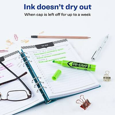 Ink doesn't dry out  
When cap is left off for up to a week  

TO-DO  
Pick up groceries  
Make dinner  
Call mom  
Clean room  

Hi-Liter