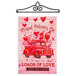 G128 - Combo Pack Garden Flag Hanger 14 in with Valentine’s Day Cupid Delivery Truck 12 x 18 in Double-Sided Garden Flag - Pink