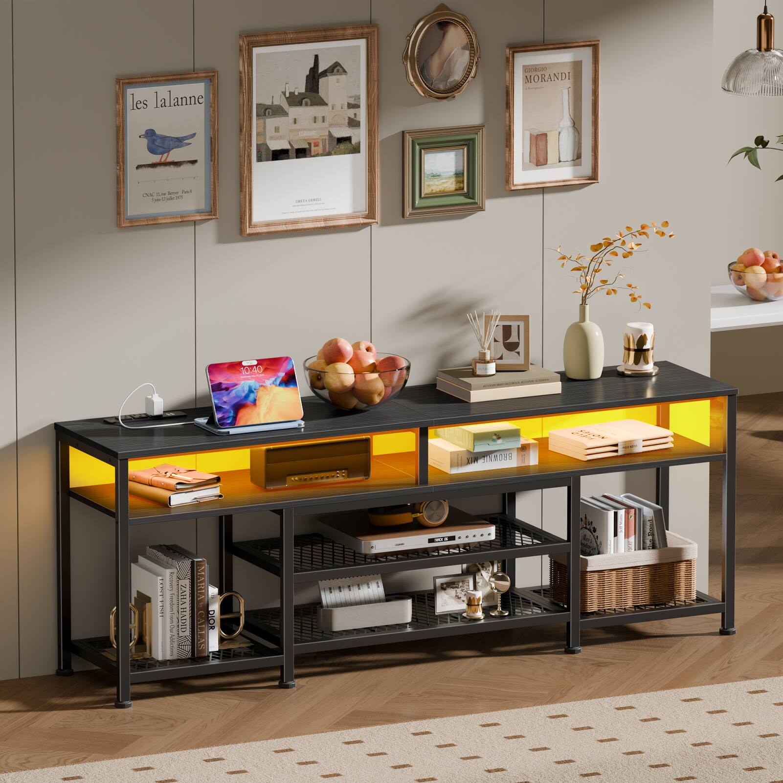 Furologee - Modern TV Stand for TVs up Media Console with Storage for Living Room LED Entertainment Center with Outlets - Black