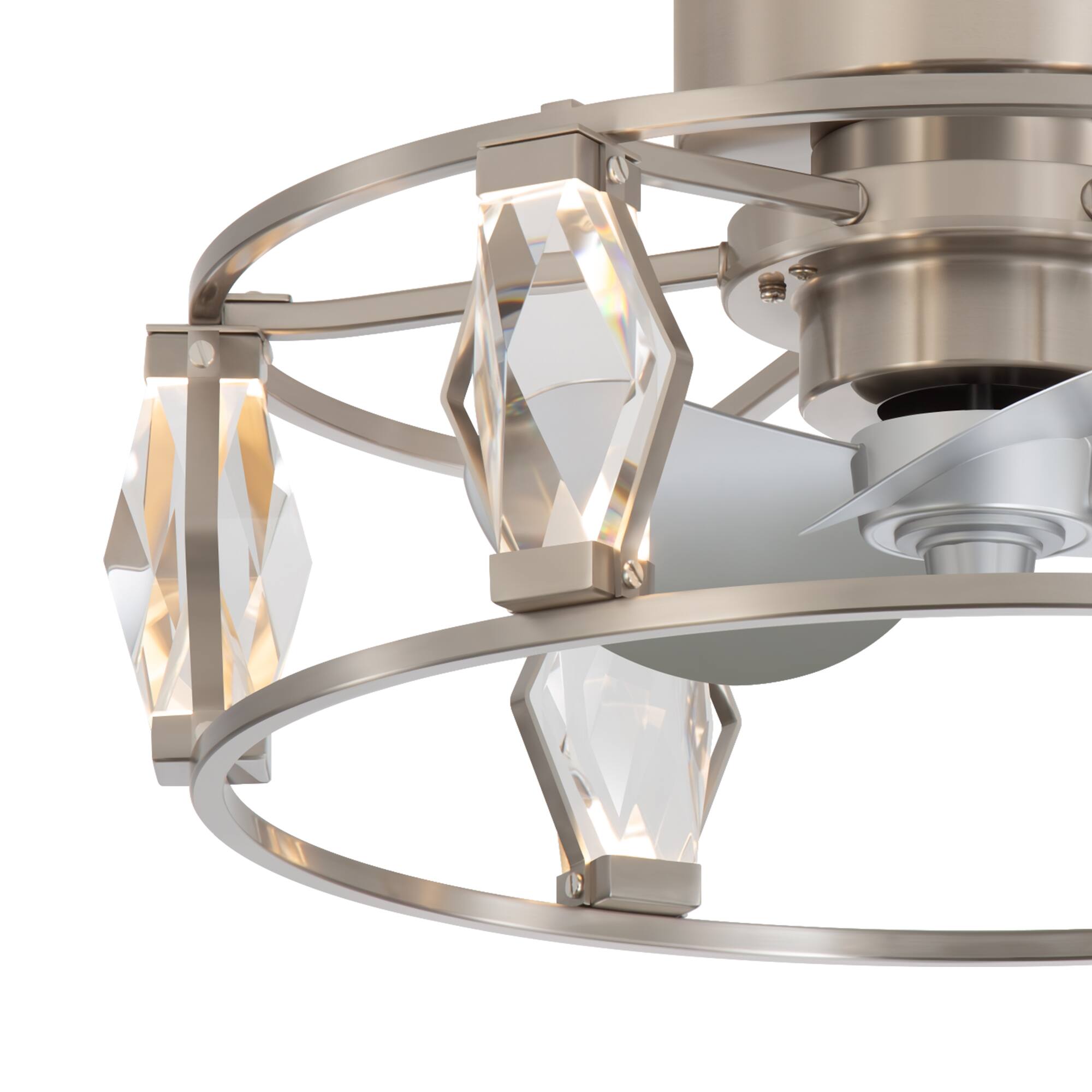 Left. Breezary - 20-Inch Indoor Flush Mount Caged Ceiling Fan with 3 ABS Blades, DC Motor, 6-Speed Remote Control, Timer, Modern Design - Satin Nickel and Silver.