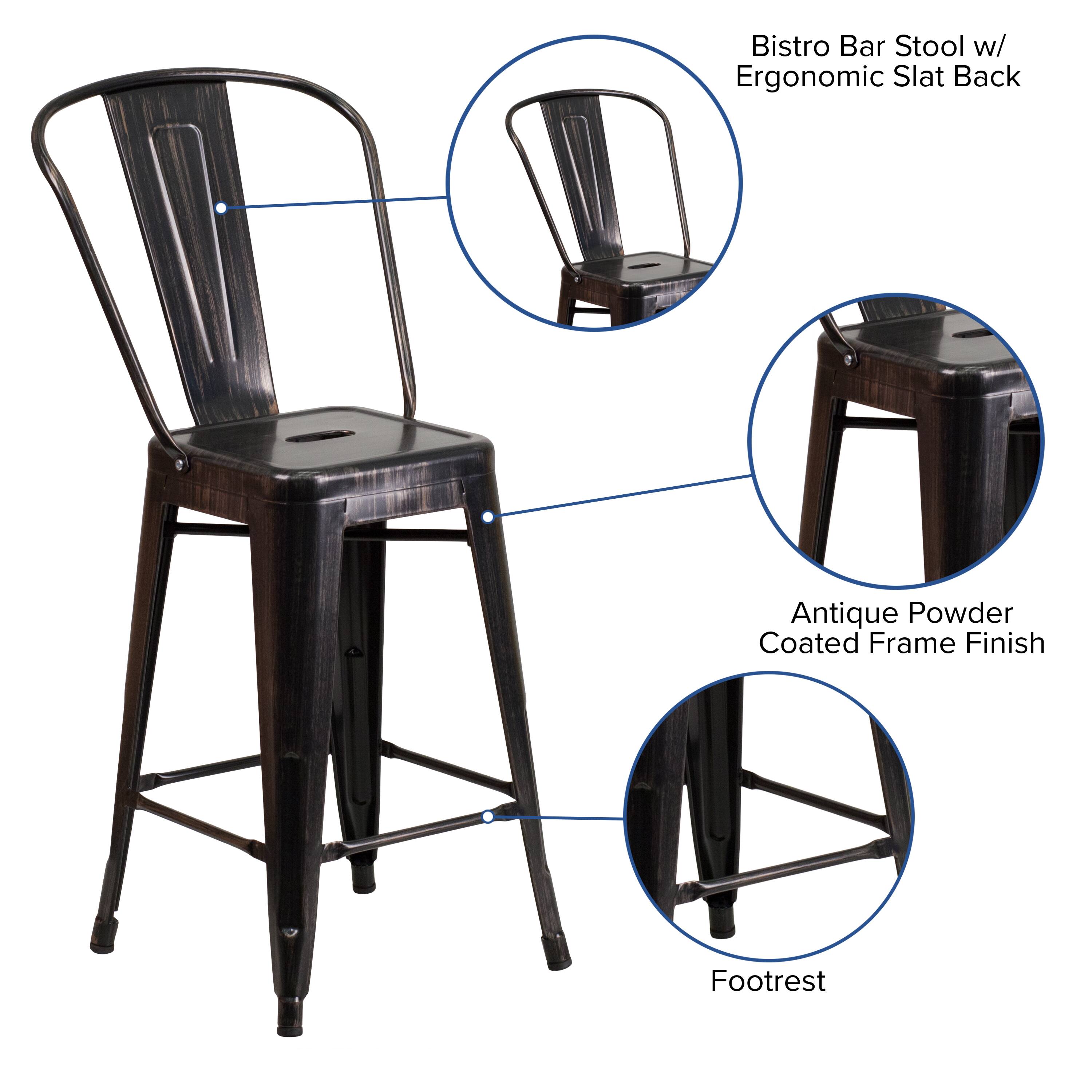Bistro Bar Stool w/ Ergonomic Slat Back  
Antique Powder Coated Frame Finish  
Footrest