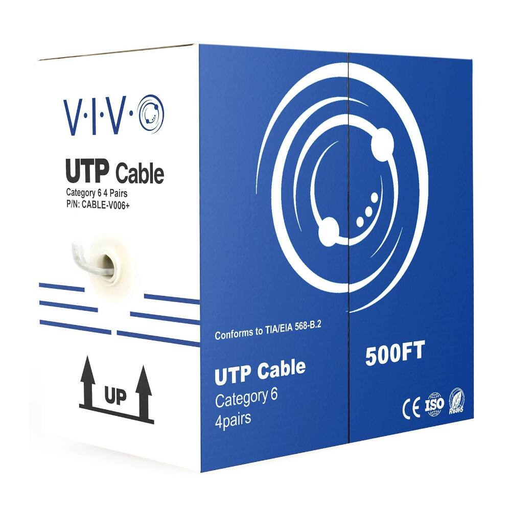 VIV UTP Cable Category 6 4 Pairs P/N: CABLE-V006+  
UP  
to TIA/EIA 568-B.2 Conforms UTP Cable Category 6 4pairs  
500FT CE ISO ROHS