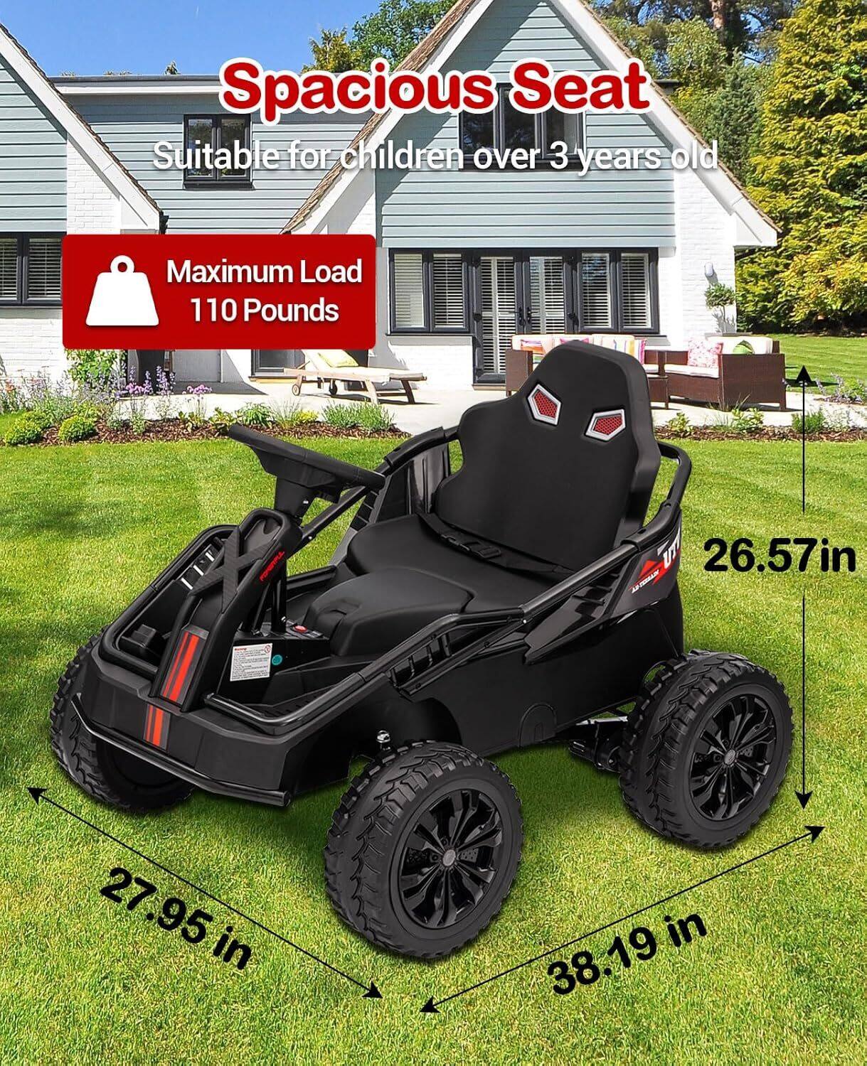 Spacious Seat  
Suitable for children over 3 years old  

Maximum Load 110 Pounds  

26.57 in  
27.95 in  
38.19 in