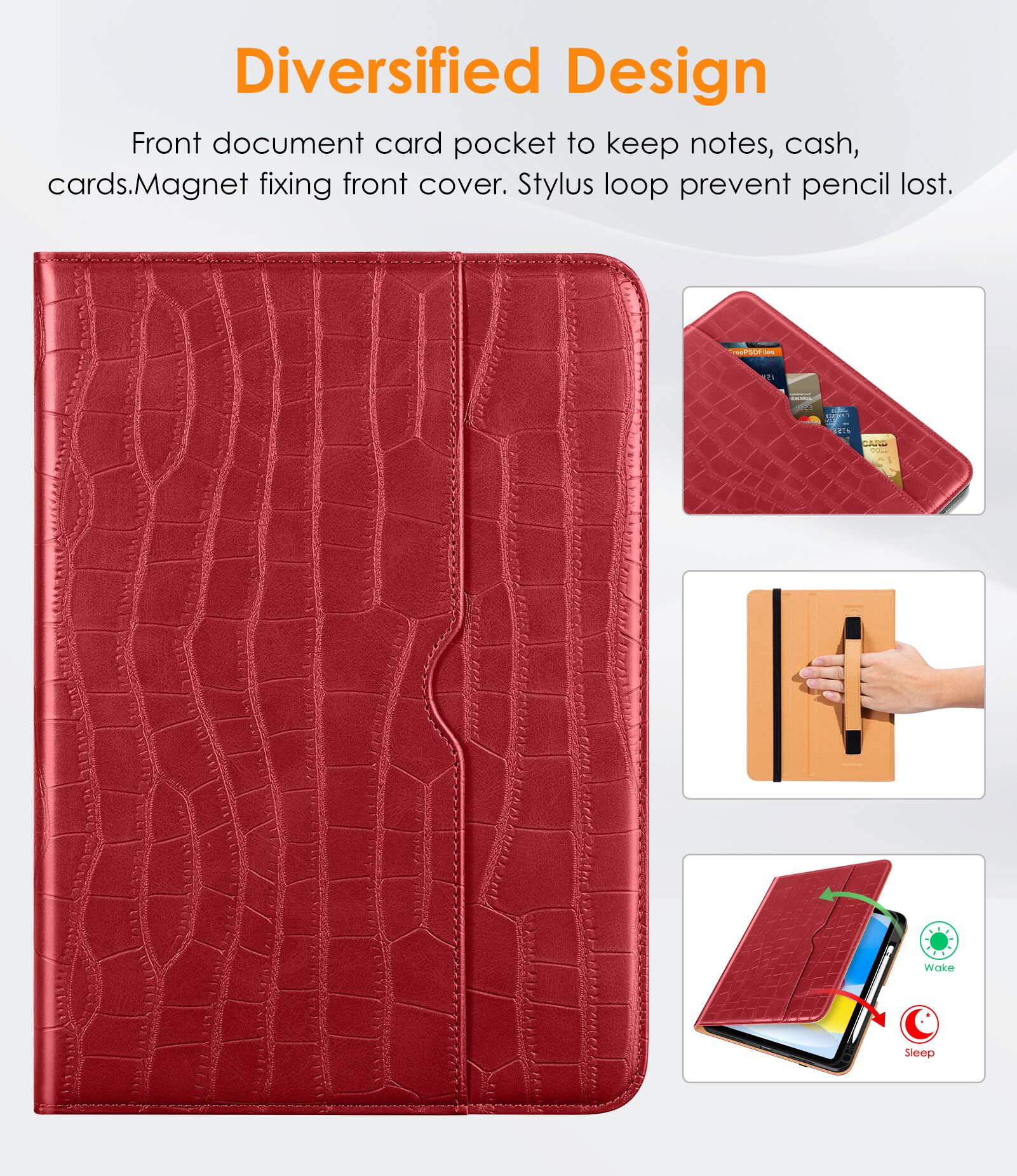 Diversified Design

Front document card pocket to keep notes, cash, cards. Magnet fixing front cover. Stylus loop prevent pencil lost.

Po - i - : Wake Sleep